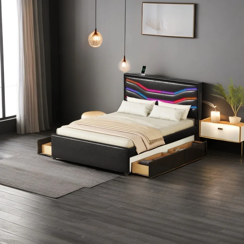 Queen Size Platform Bed, Modern PU Leather Upholstered Bed Frame with LED Lights, USB Charging and 4 Storage Drawers for Living Room Bedroom Lounge