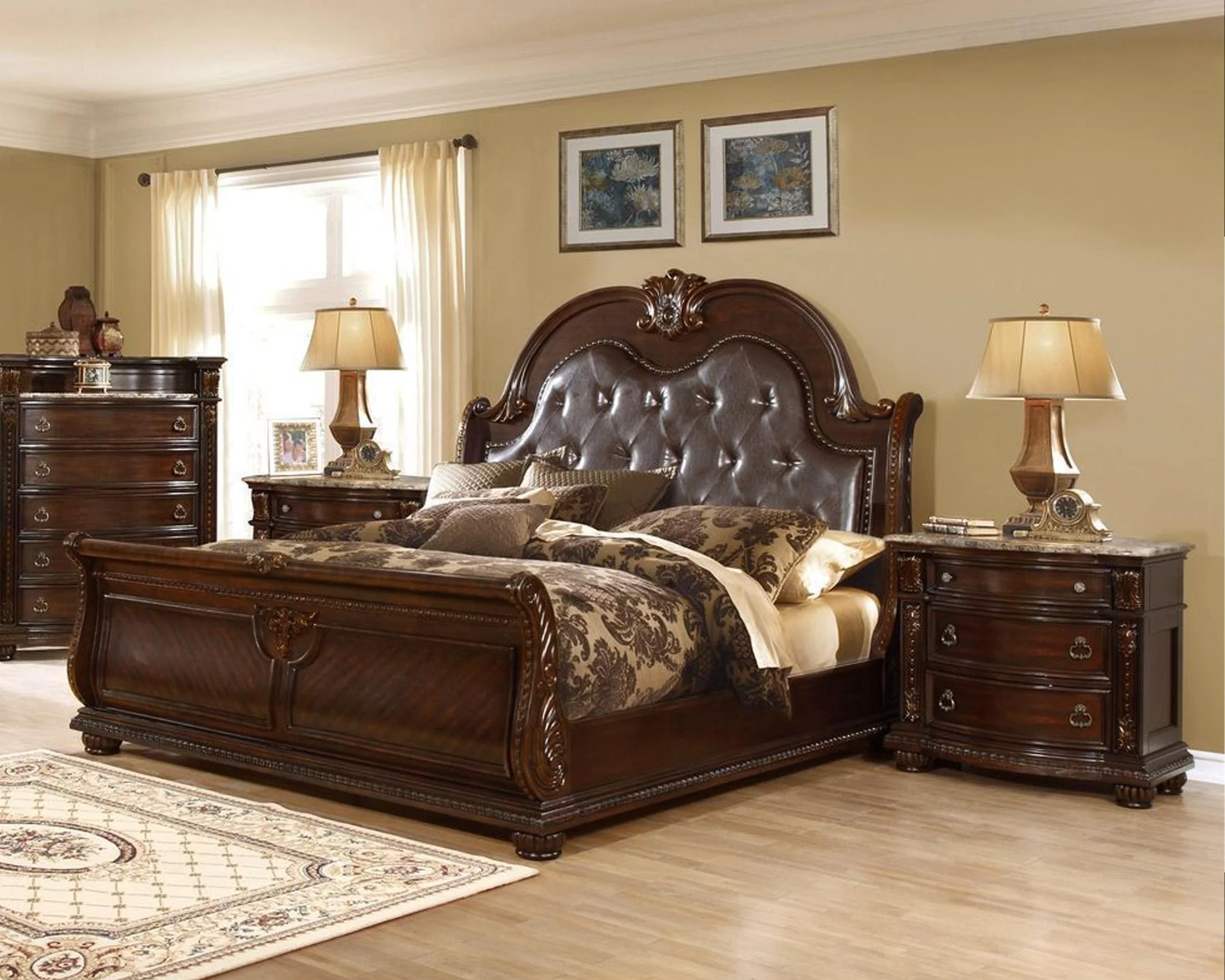Dark Cherry Sleigh King Bedroom Set 2Pcs B9505 Mcferran Traditional Classic