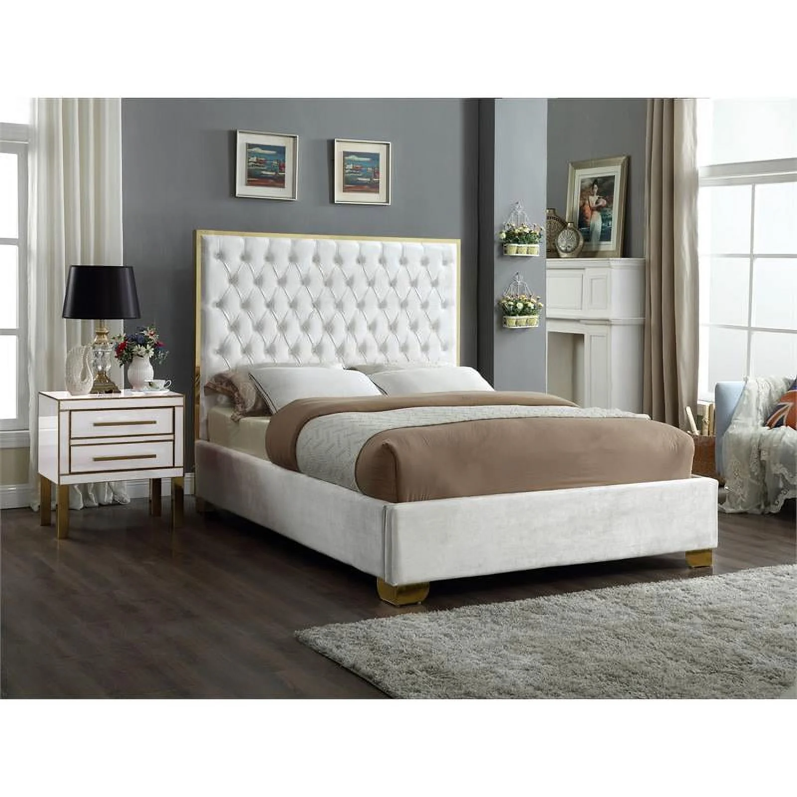 Meridian Furniture Lana Solid Wood and Velvet Full Bed in White