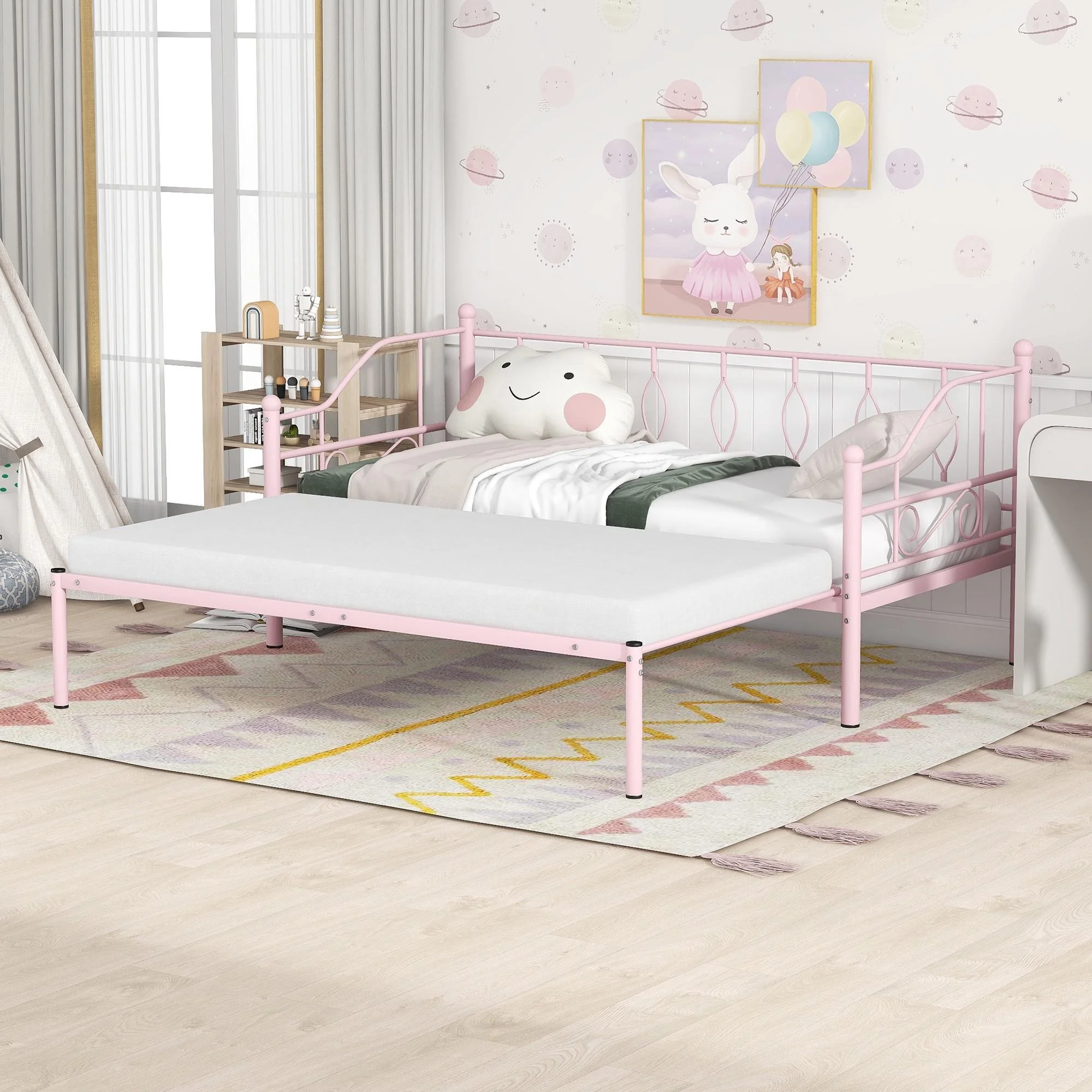 Syngar Daybed with Trundle, Metal Twin Daybed for Living Room/Bedroom, Twin Size Sofa Bed with Pull-out Trundle, Space Saving Design, Modern Home Platform Bed Frame, No Box Spring Needed, Pink