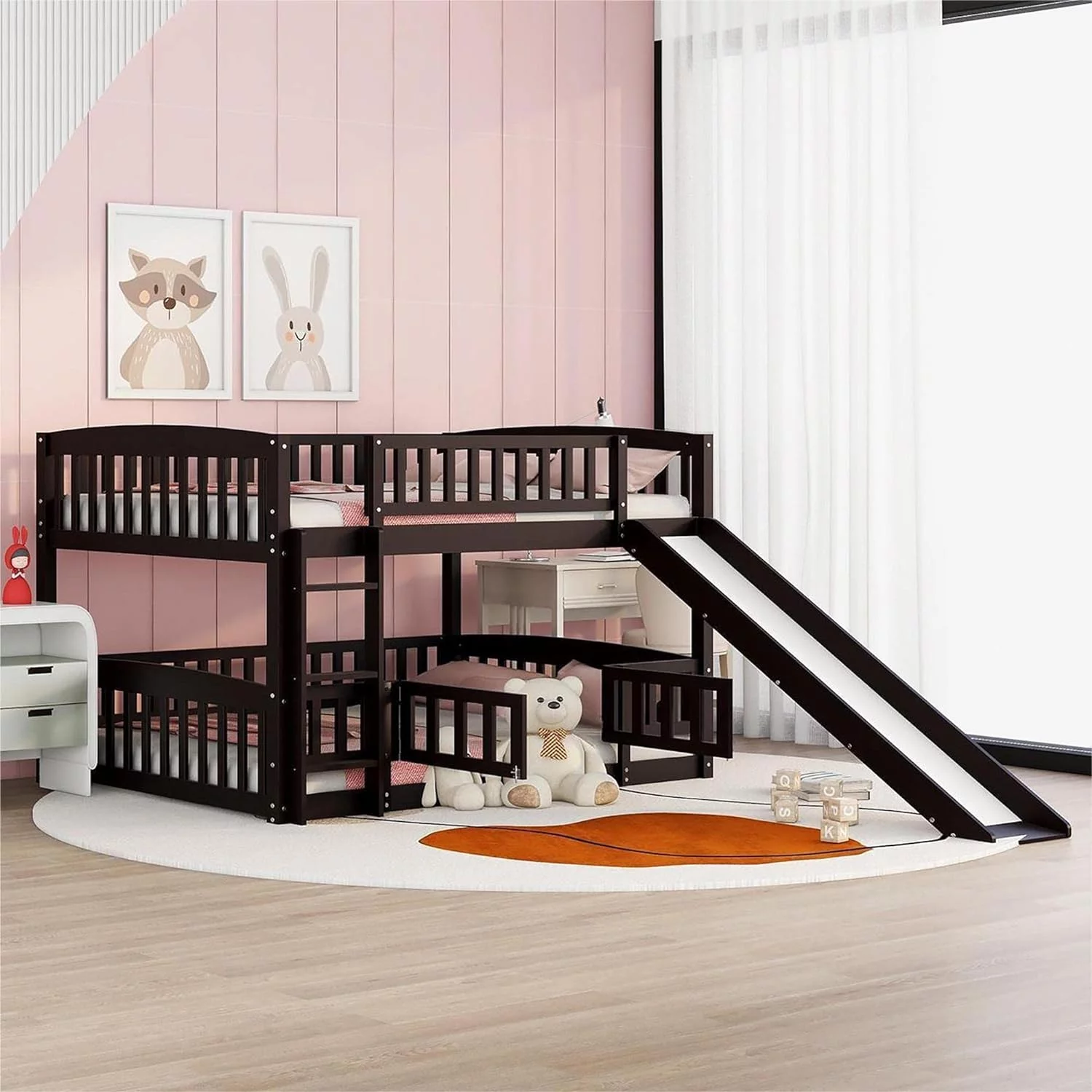 Full Over Full Bunk Bed with Slide, Low Bunk Bed with Fence and Ladder, Wooden Floor Bunk Bed Frame for Kids Toddler Teens, Easy to Assembly (White)
