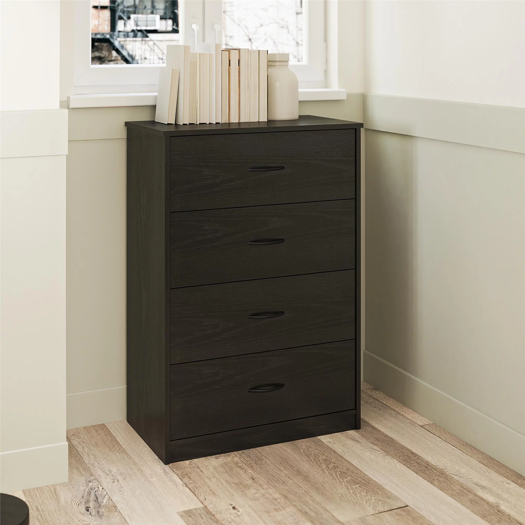 Mainstays Classic 4 Drawer Dresser, Black Oak