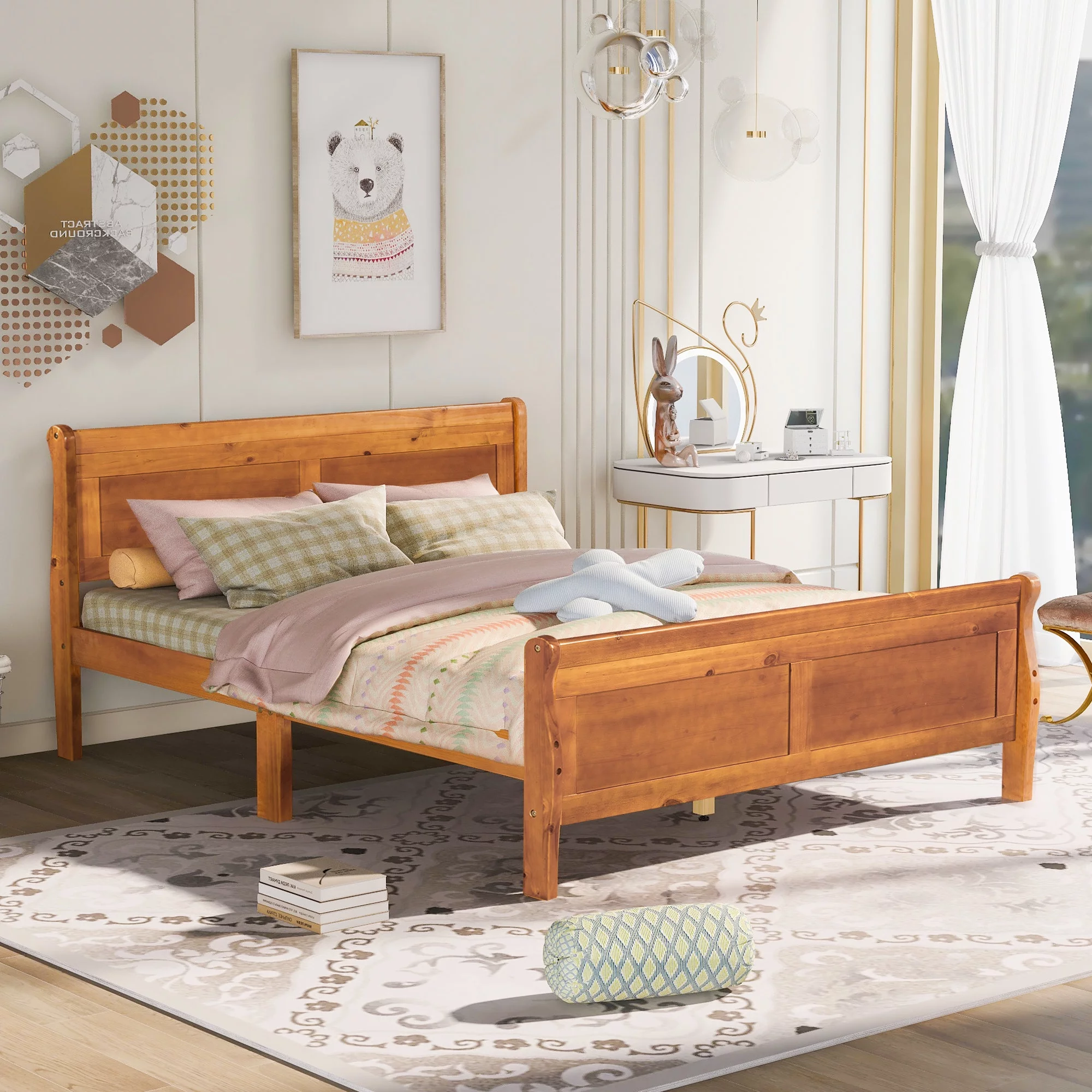 CoSoTower Queen Size Wood Platform Bed With Headboard And Wooden Slat Support, Oak