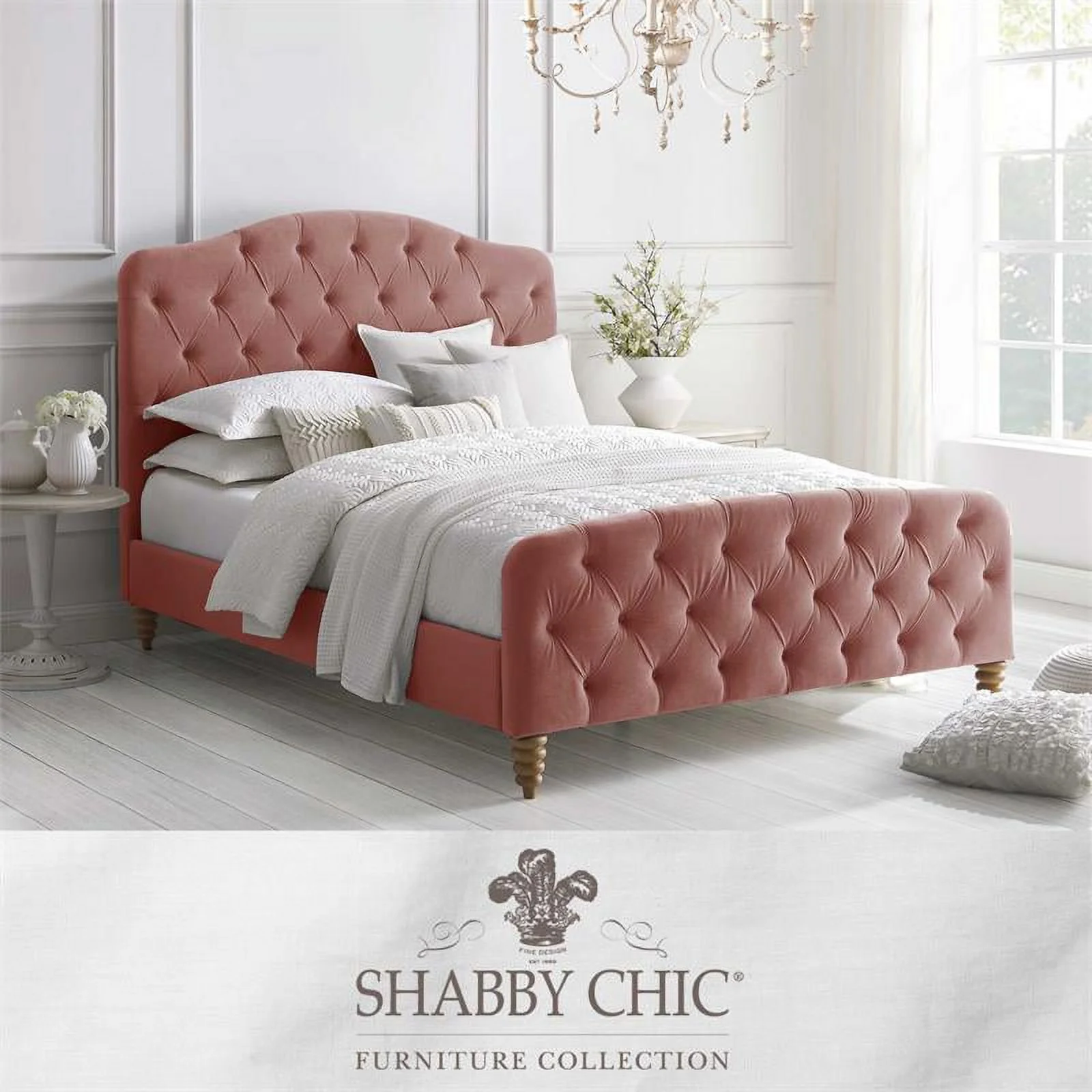 Rustic Manor SBD255-03BHK-UE Boucher Velvet King Bedframe with Tufted Headboard and Footboard - Blush