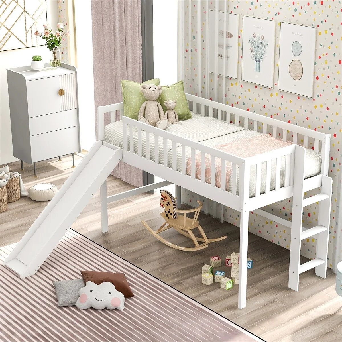 MERAX Wooden Low Loft Bed with Slide and Ladder for Kids White