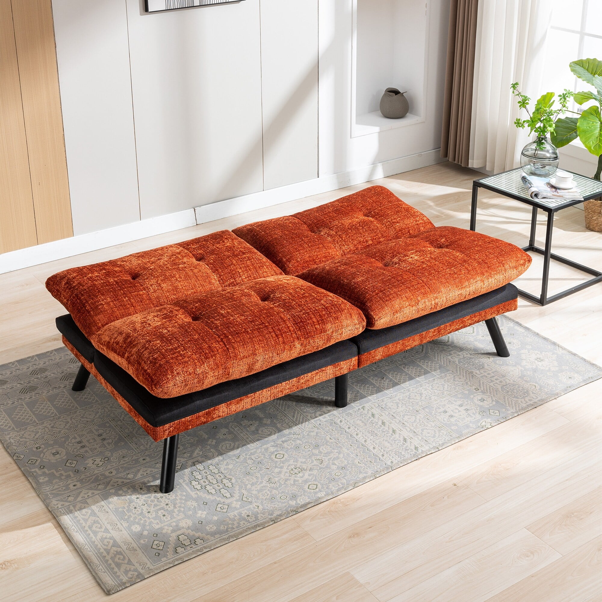Orange Chenille Convertible Futon Sofa Bed with Three Adjustable Positions
