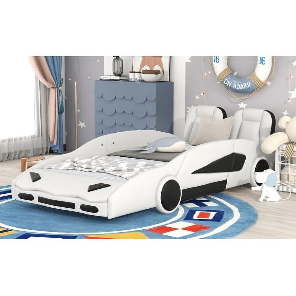 Twin Size Race Car-Shaped Platform Bed with Wheels, White