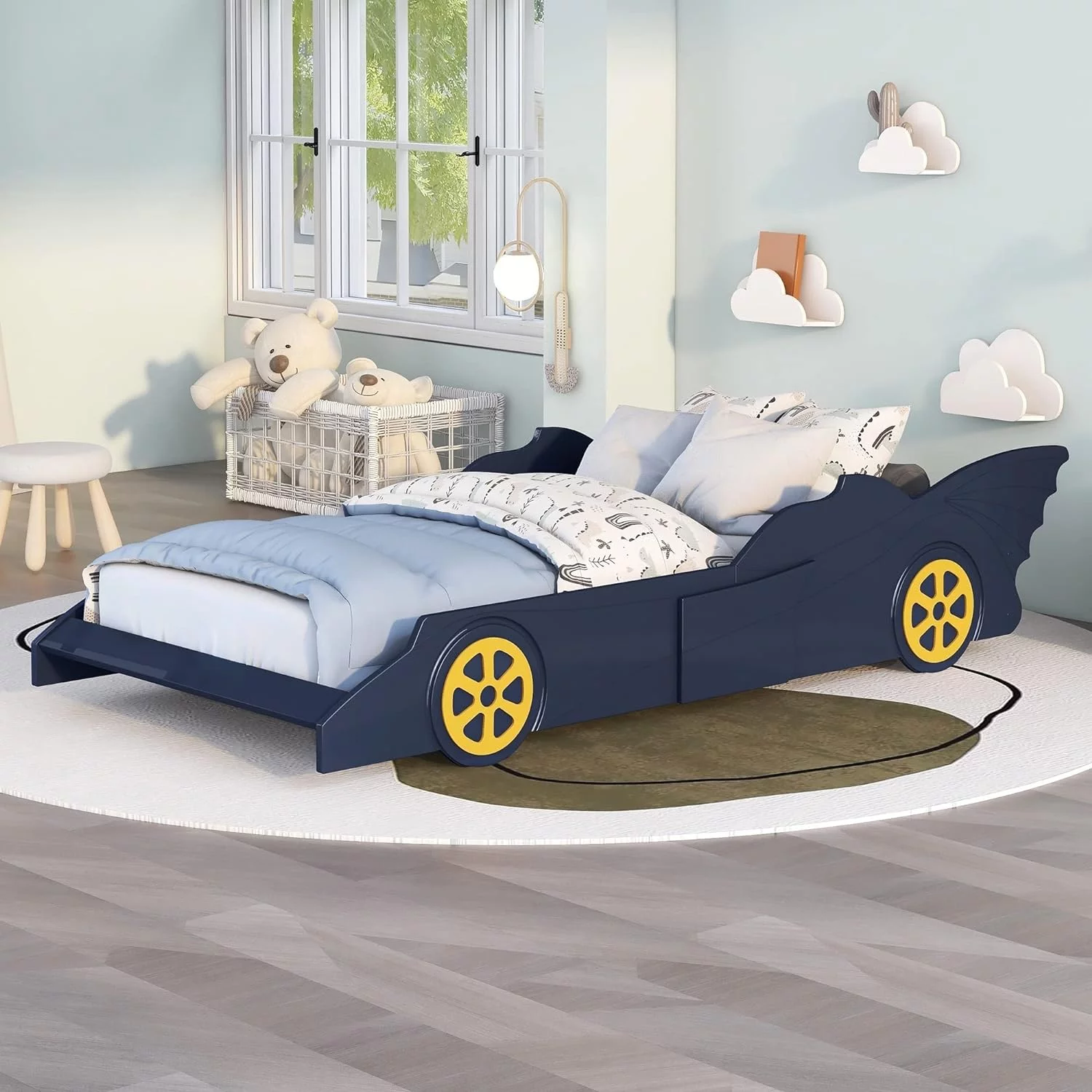 Size Race Car Bed With Wheels, Wood Platform Bed Frame With Support Slats, Floor Bed In Race Car-Shaped For Kids Boys Girls Teens, Blue+Yellow