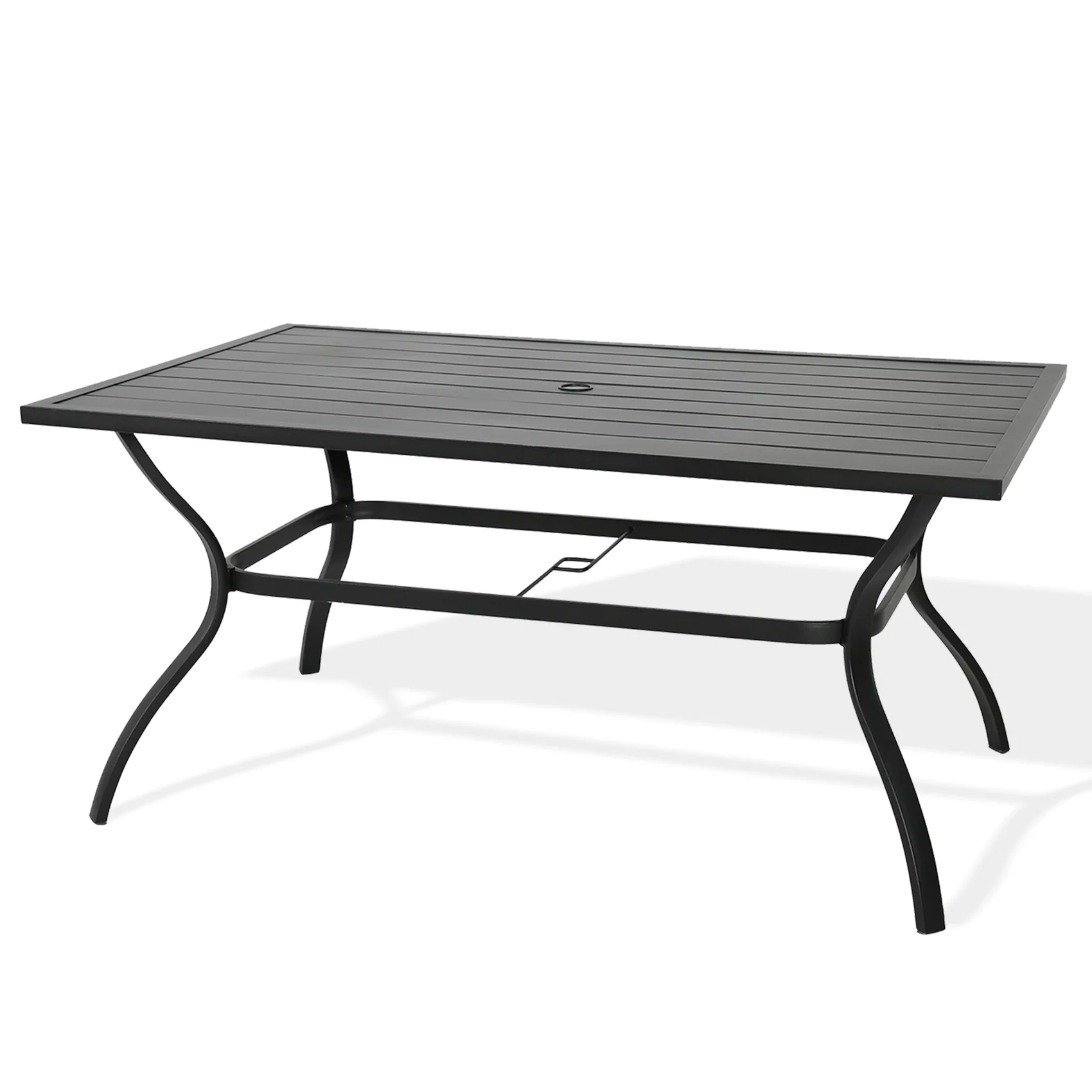 Ulax Furniture Outdoor Patio Table Rectangular Metal Slatted Dining Table with Umbrella Hole, Black