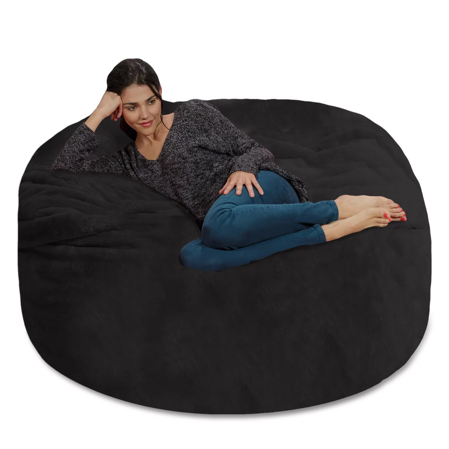 Chill Sack Bean Bag Chair, Faux Rabbit Fur with Memory Foam Fill, 5 ft, Black