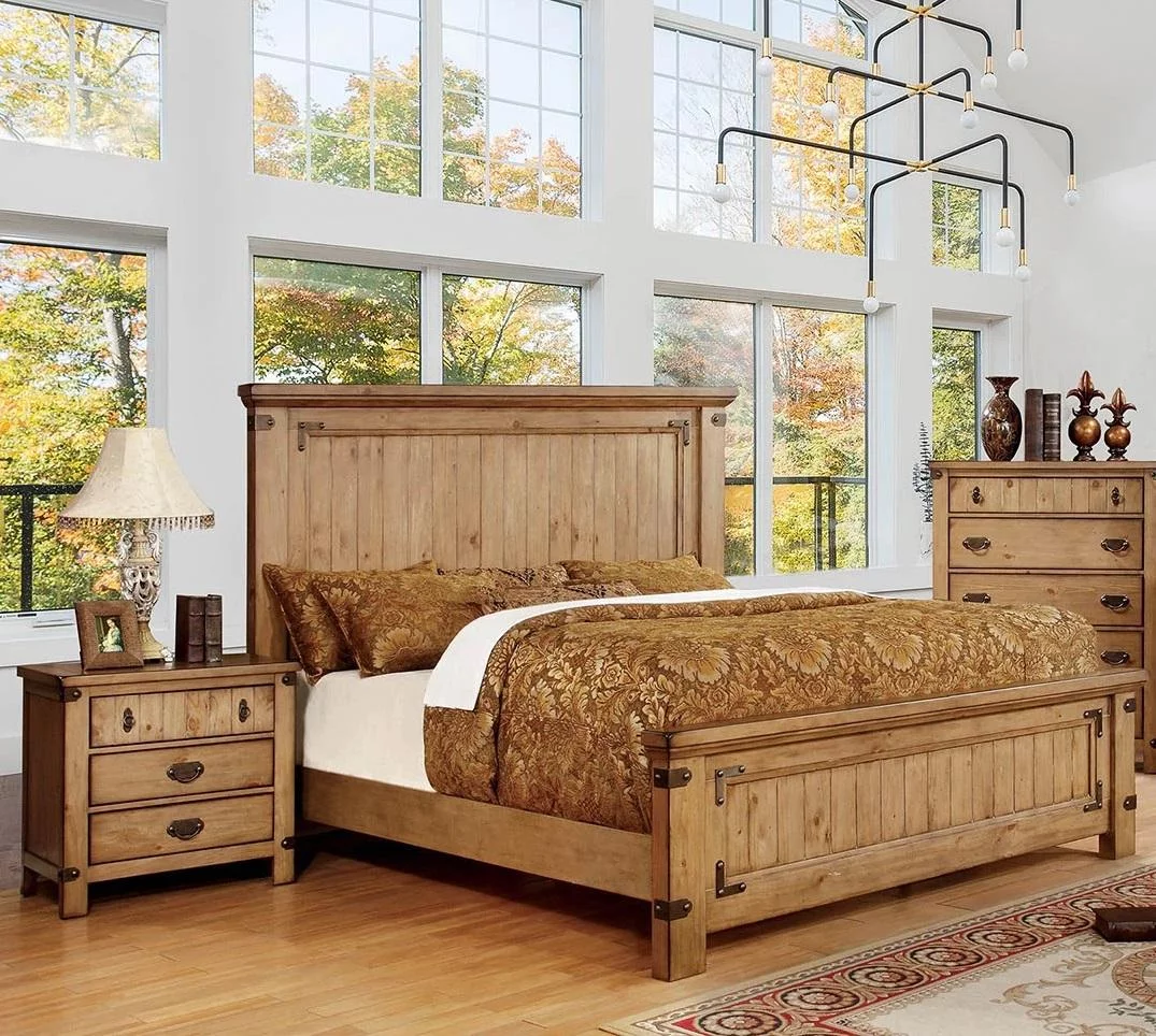 Cottage Weathered Elm Solid Wood Queen Bedroom Set 3pcs FOA CM7449-Q Pioneer