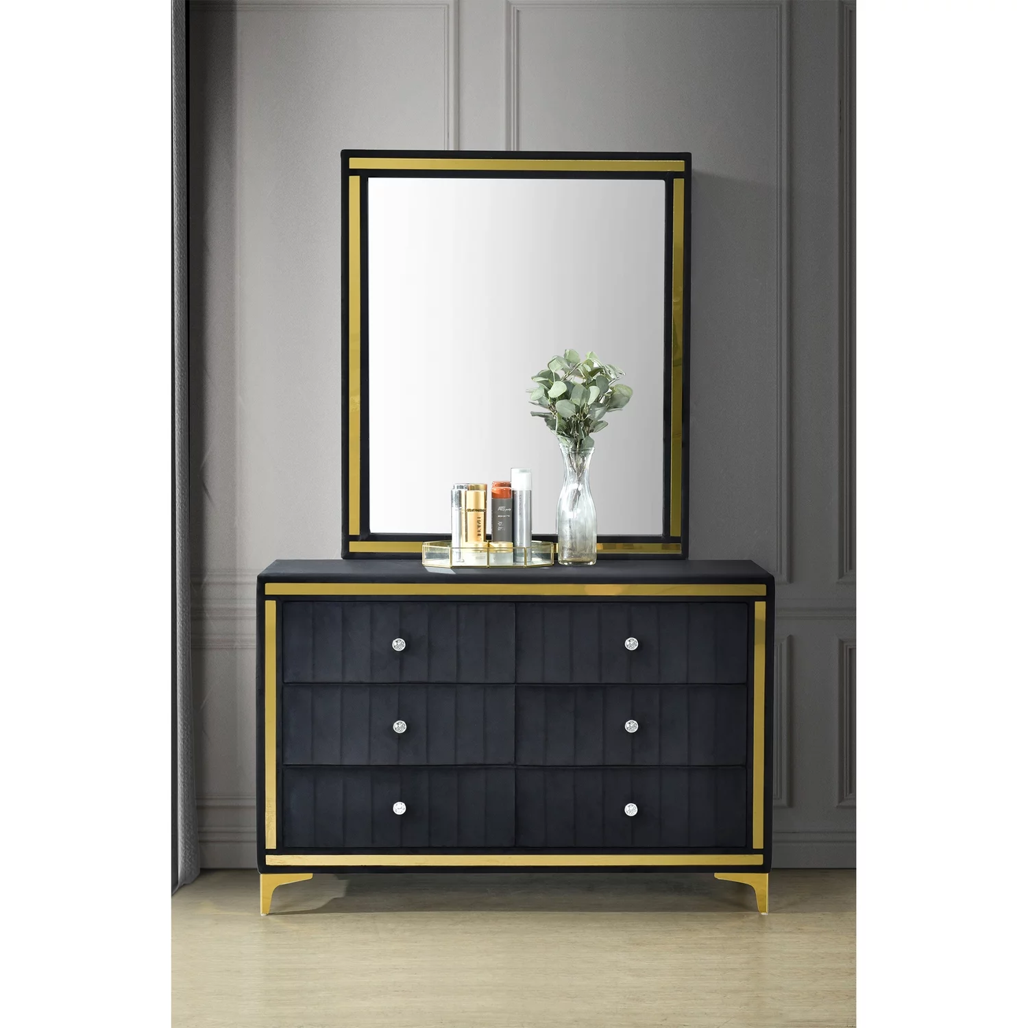 Better Home Products Velvet 6 Drawer Dresser with Gold Legs and Trim
