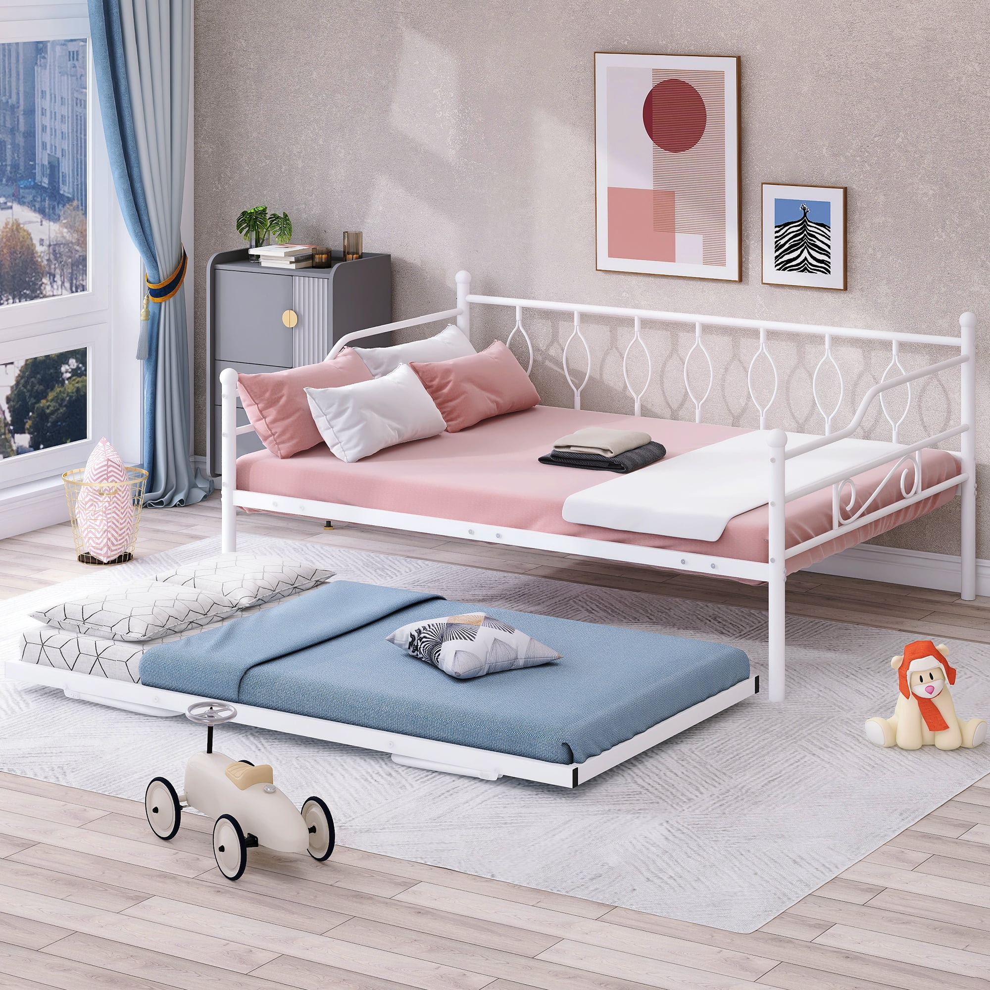 CoSoTower Full Size Metal Daybed with Twin Size Adjustable Trundle, Portable Folding Trundle, White