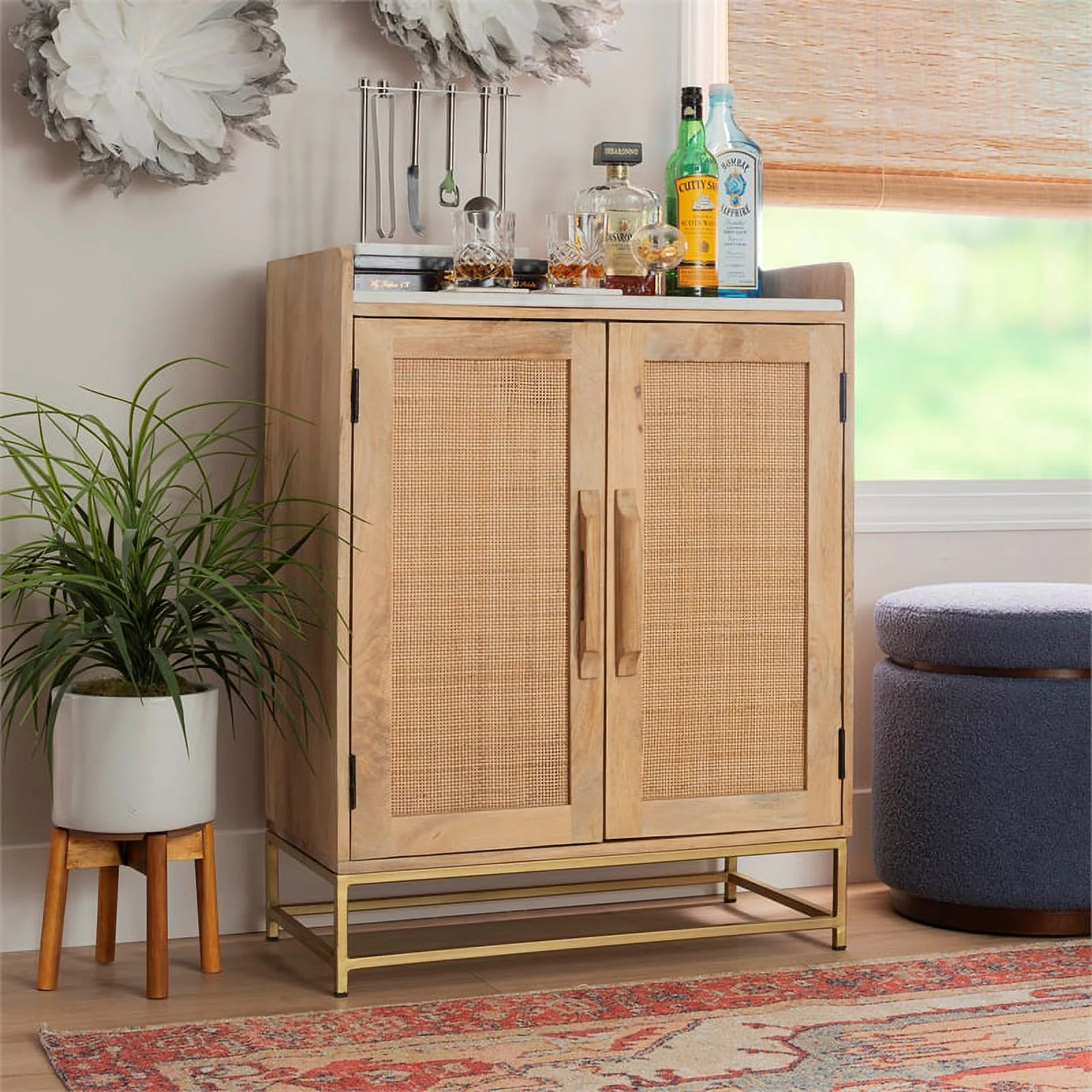 Linon Josie Rattan Wood and Cane Bar Cabinet in Natural Brown