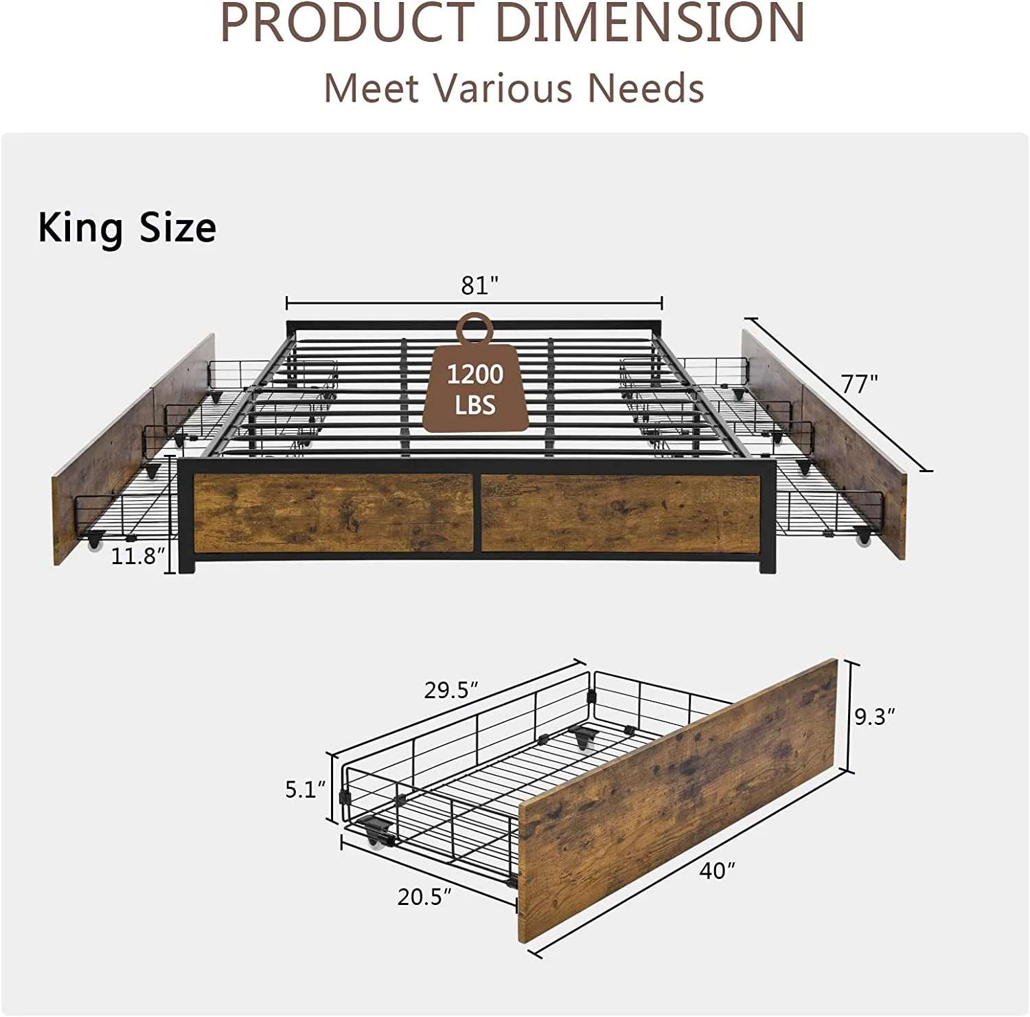 Bed Frame with 4 Storage Drawers  Metal Platform Bed Frame King with Double-Row Support Bars and 13 Strong Steel Slats  Noise Free No Box Spring Needed Easy Assembly