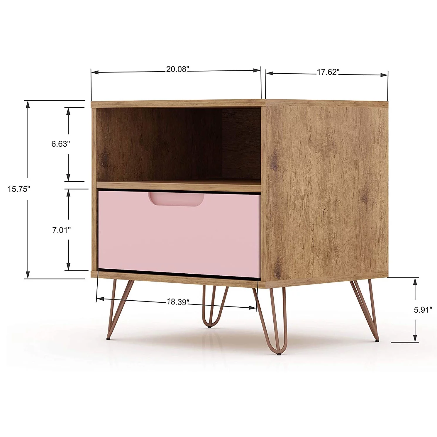 Manhattan Comfort Rockefeller Engineered Wood Nightstand in Natural/Rose Pink