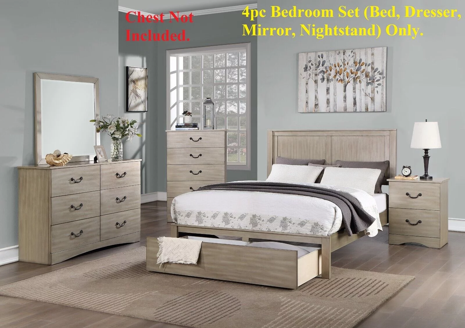 Modern Gorgeous 4pc Eastern King Size Bed w Underbed Drawer Dresser Mirror Nightstand Bedroom Furniture Light Tan Hue Finish