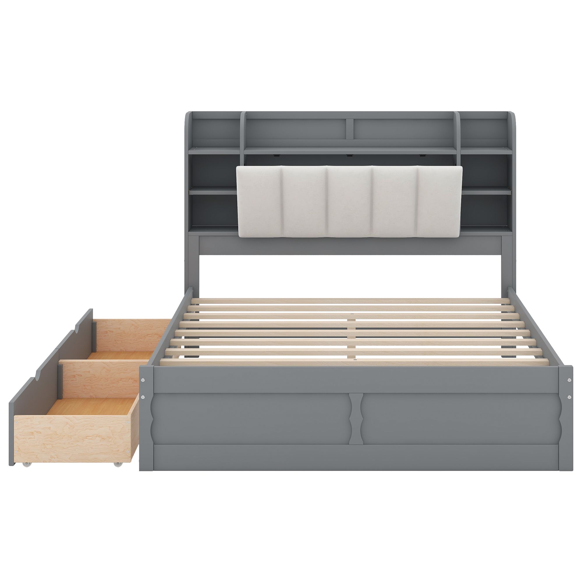 Queen Size Solid Wood Bed Frame with Storage Headboard, Shelves and 2 Drawers, Platform Bed Frame, Mid Century Bedframe, Wood Foundation(Gray, Queen)