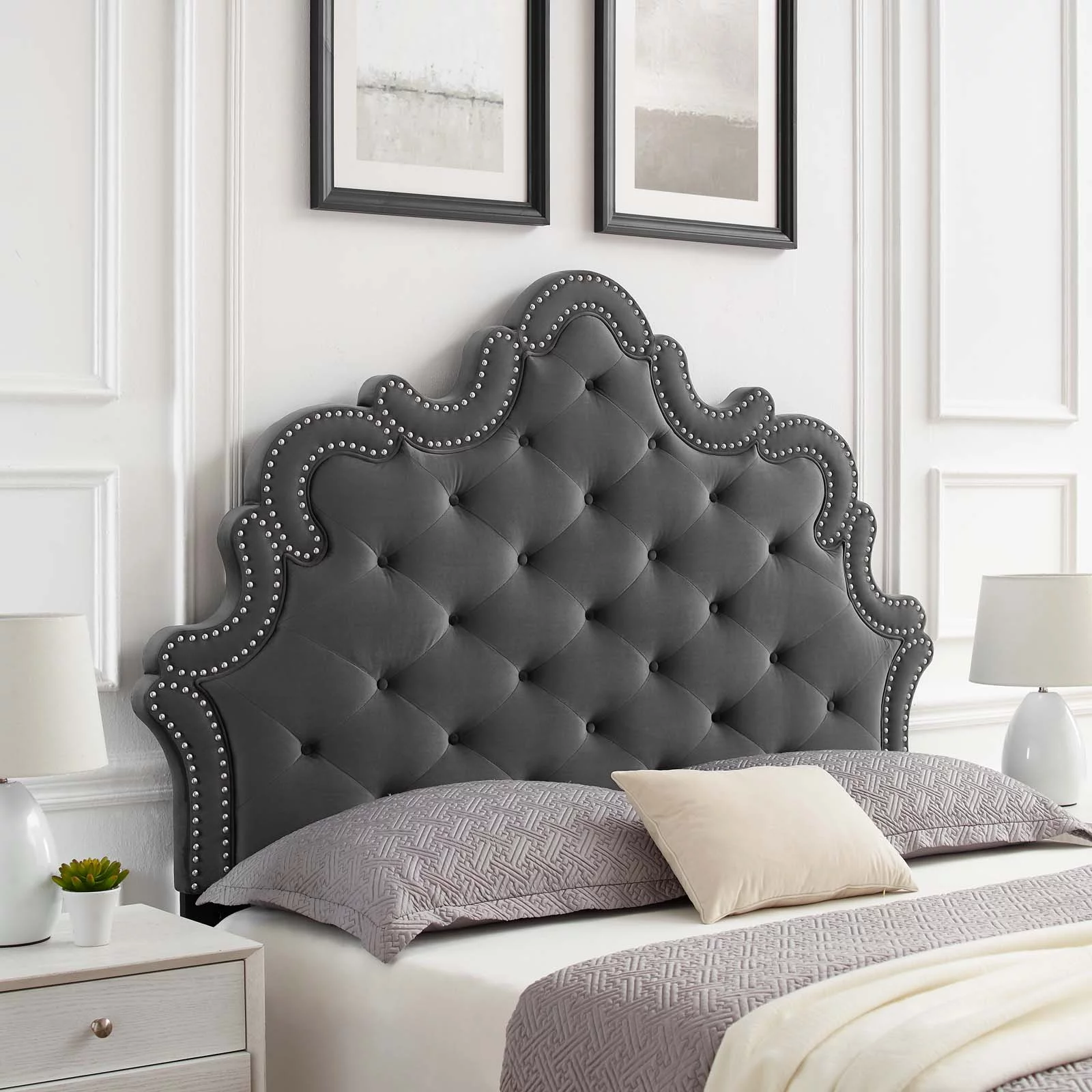 Modway Arabella Button-Tufted Performance Velvet Twin Headboard in Charcoal