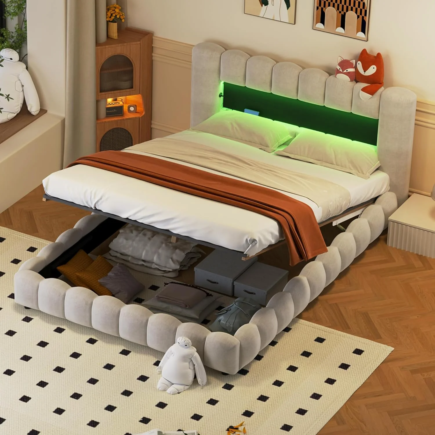 Quee Size Upholstered Lie Fraic Platform Bed With LED Headboard Ad USB,Quee Lift Up Storage Bed Frame For Bedroom,Beige