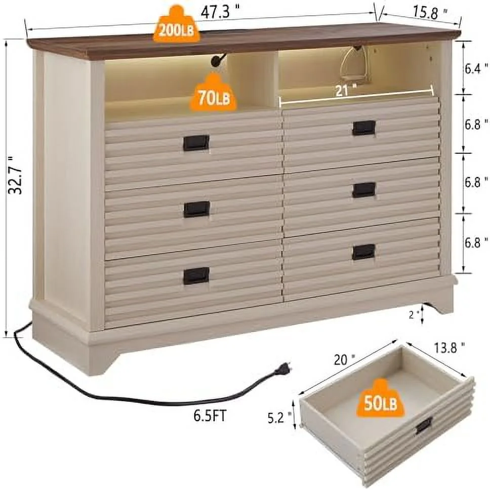 RUNFAYBIU Dresser for Bedroom with Charging Station  Wide Chest of Drawers with LED Light  Wooden Dresser with 6 Drawers   Organizer Unit with Power Outlet & LED Light for Living Room