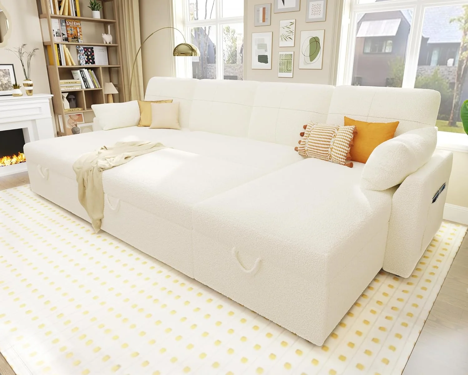 AMERLIFE Sleeper Sofa, 110 inch Overisze - 2 in 1 Pull Out Bed, Sectional Sleeper Sofa with Double Storage Chaise for Living Room, White Boucle Couch