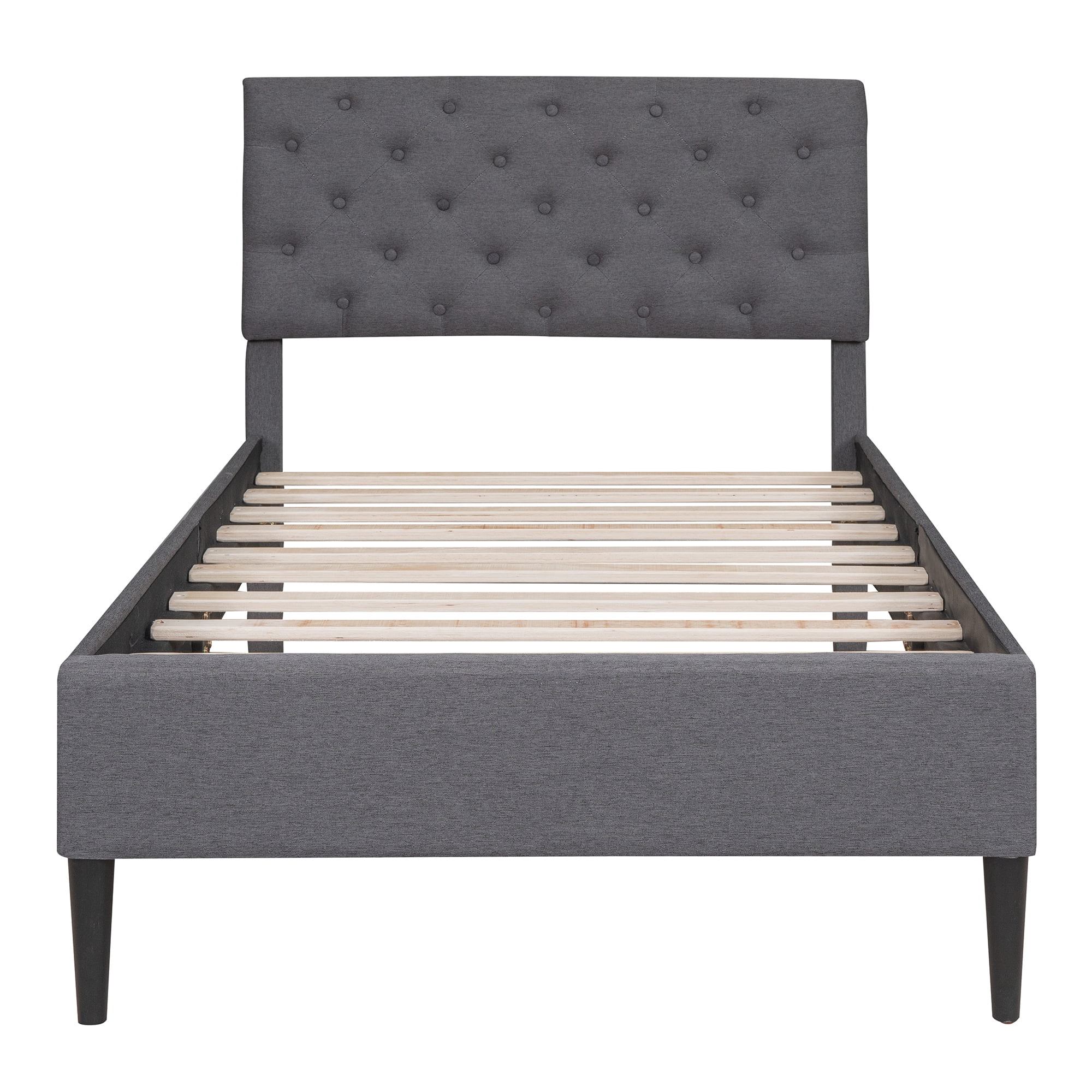 BTMWAY Twin Size Upholstered Platform Bed with Headboard and Wooden Slats, Bedroom Twin Bed Frame No Box Spring Needed, Single Bed Frame, Gray