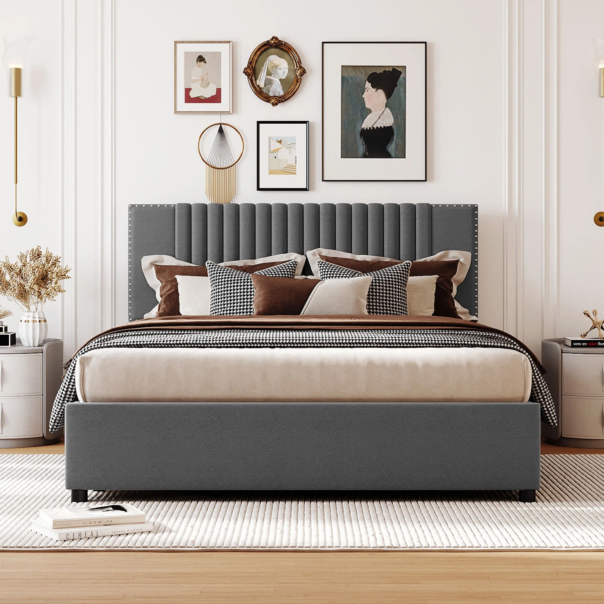 Novy Queen Size Platform Bed with Twin XL Size Trundle - Gray