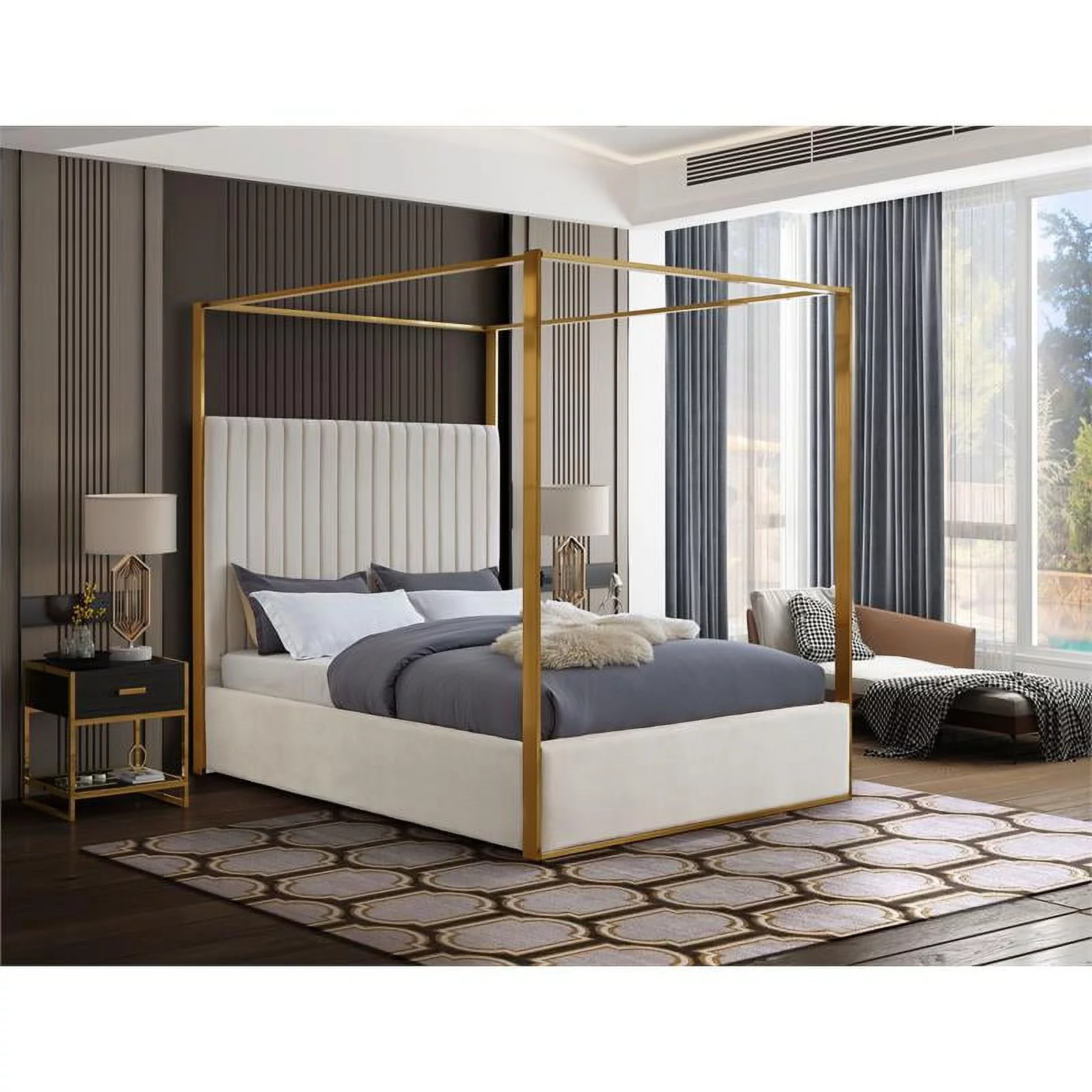 Maklaine Contemporary designed Cream Finished Velvet King Bed