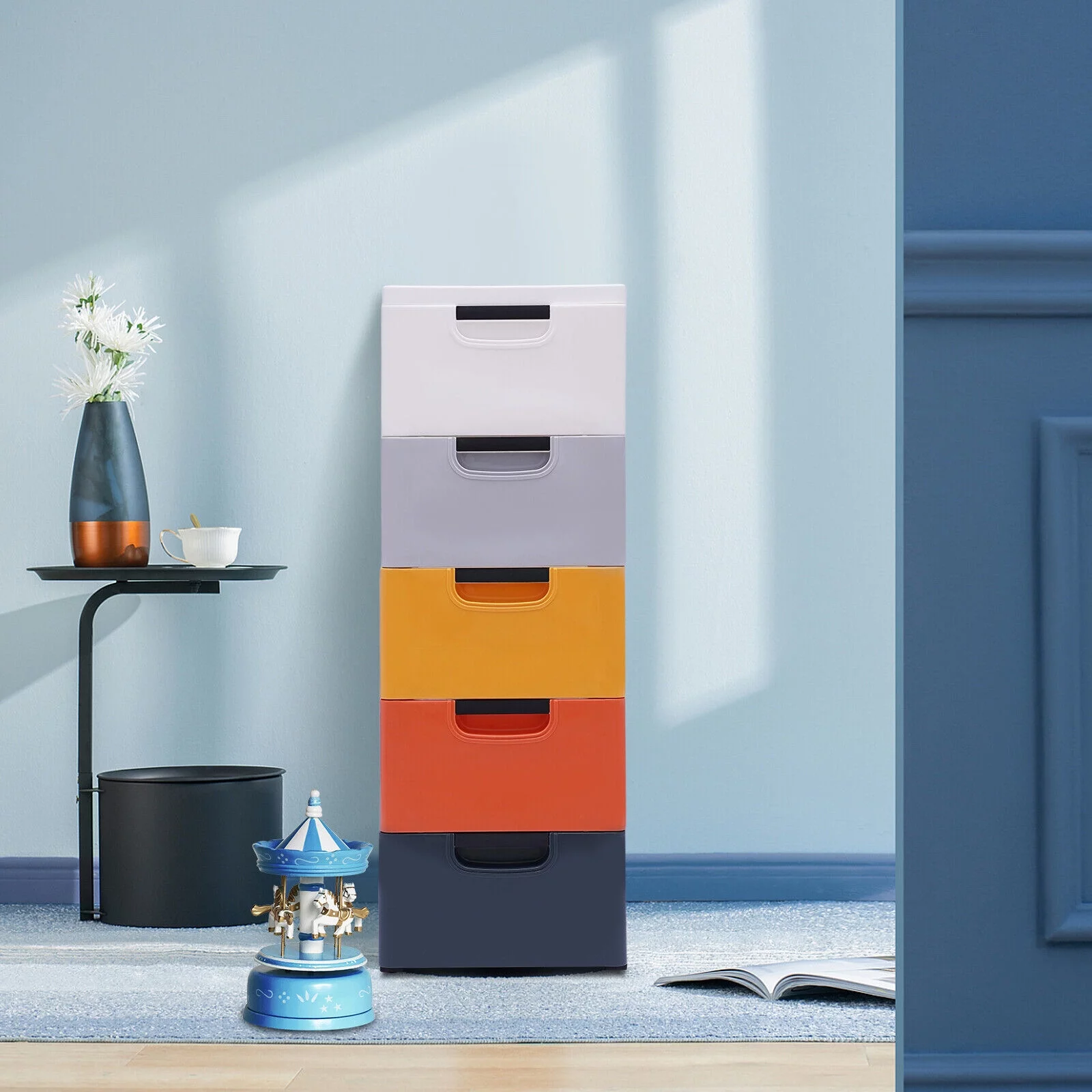Wuzstar Plastic Cabinet 5 Drawer Dresser Storage Cabinet with Wheels Morandi Color Tall Standing Organizer Tower Bedroom Furniture