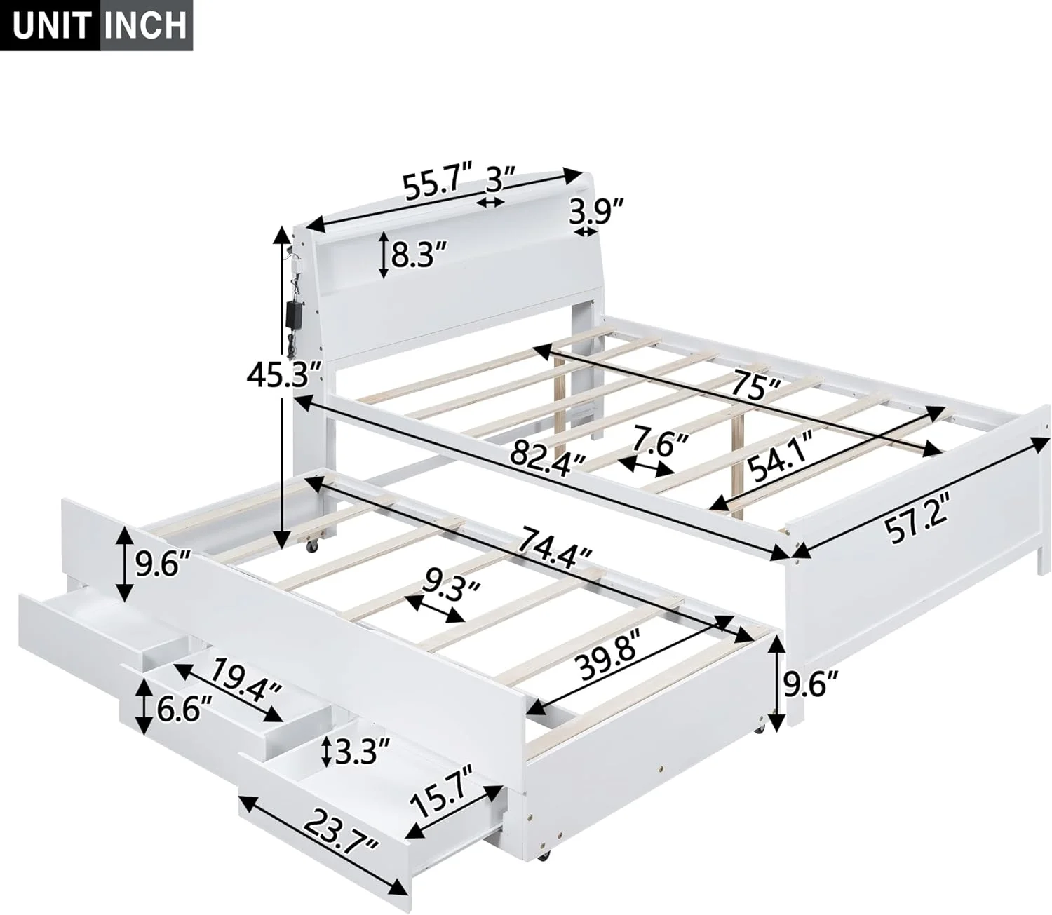 Full Size Bed With Storage Headboard, LED Light, Trudle Ad 3 Drawers, Platform Bed With Storage Shelf For Bedroom Guestroom Small Room, Wood Bed Frame With Support Slats, White