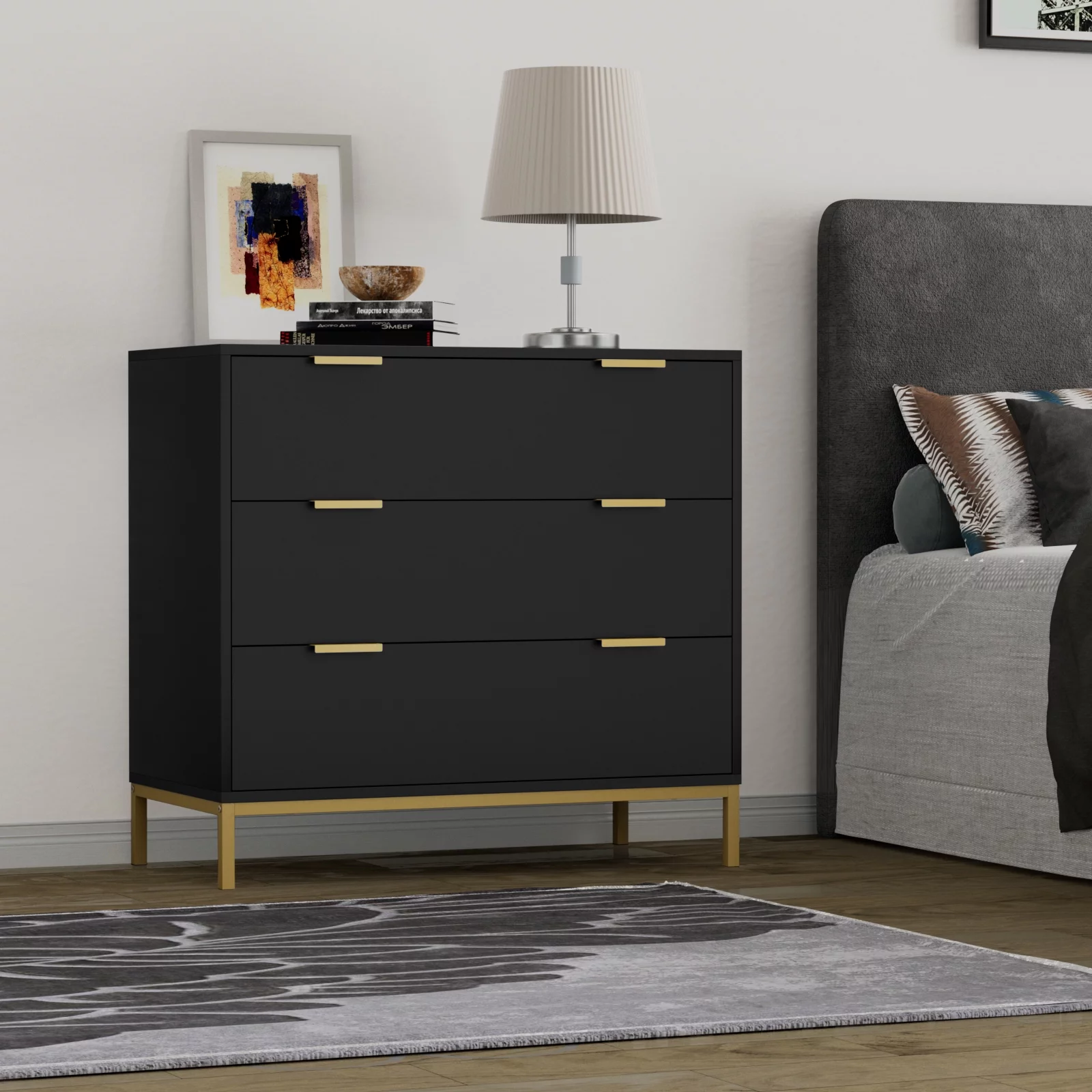 3 Drawer Black Wood Dressers Chest,29.3