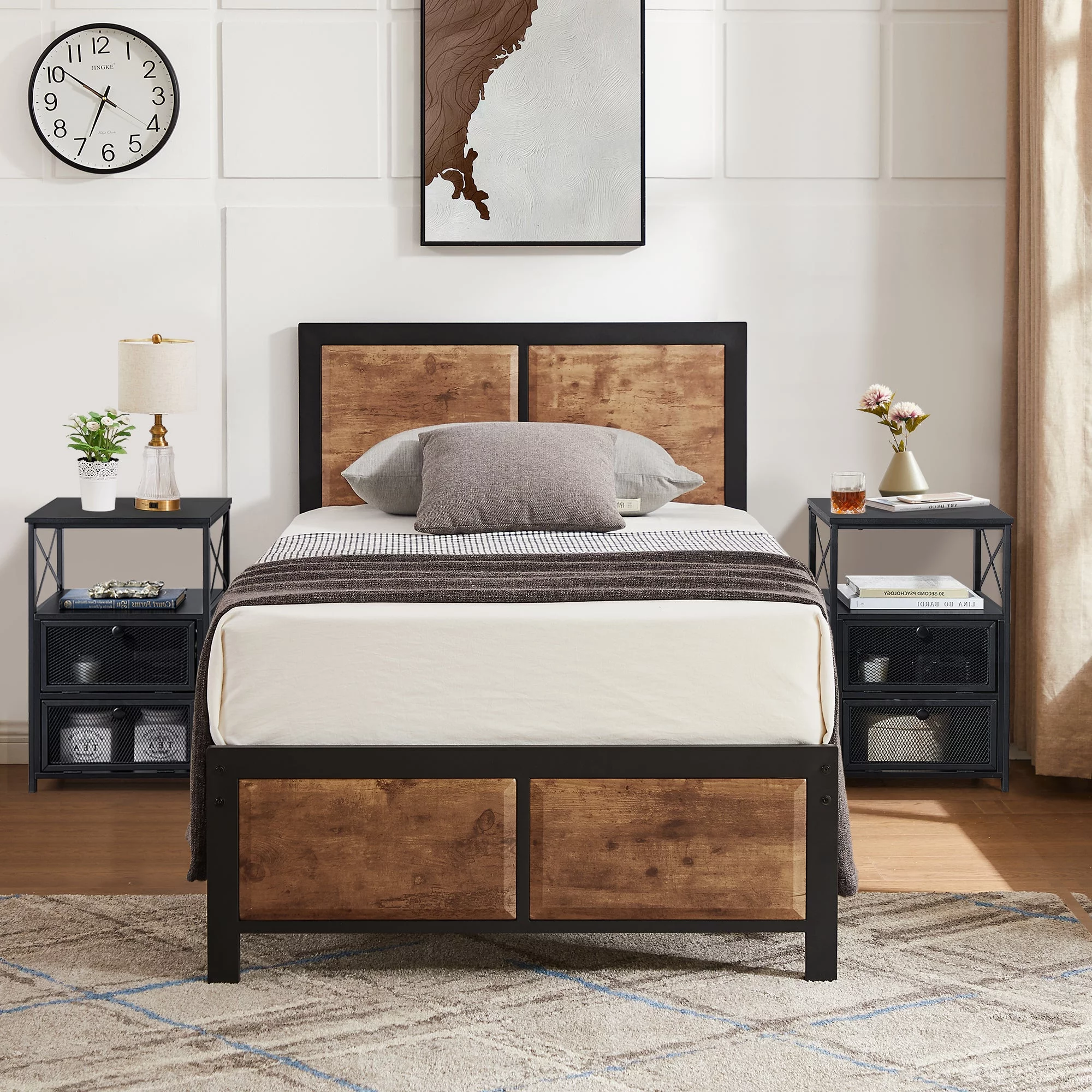 VECELO 3-Piece Twin Bedroom Sets with Wooden Headboard Bed Frame and 2 Black Nightstands