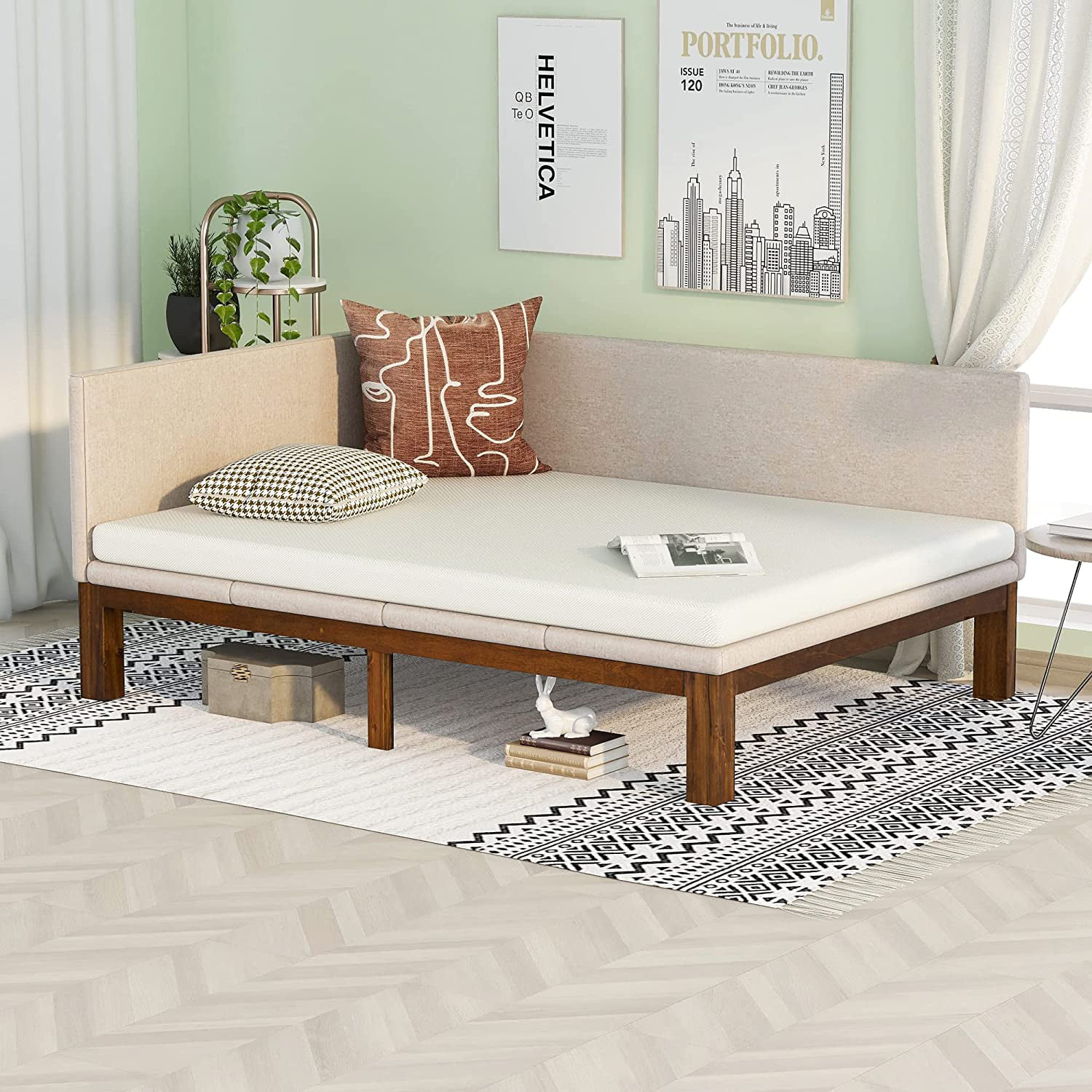 Simple Daybed Frame For Living Room, Fulll Size Upholstered Daybed With Linen Cover Mattress, Backrest And Armrest, Century