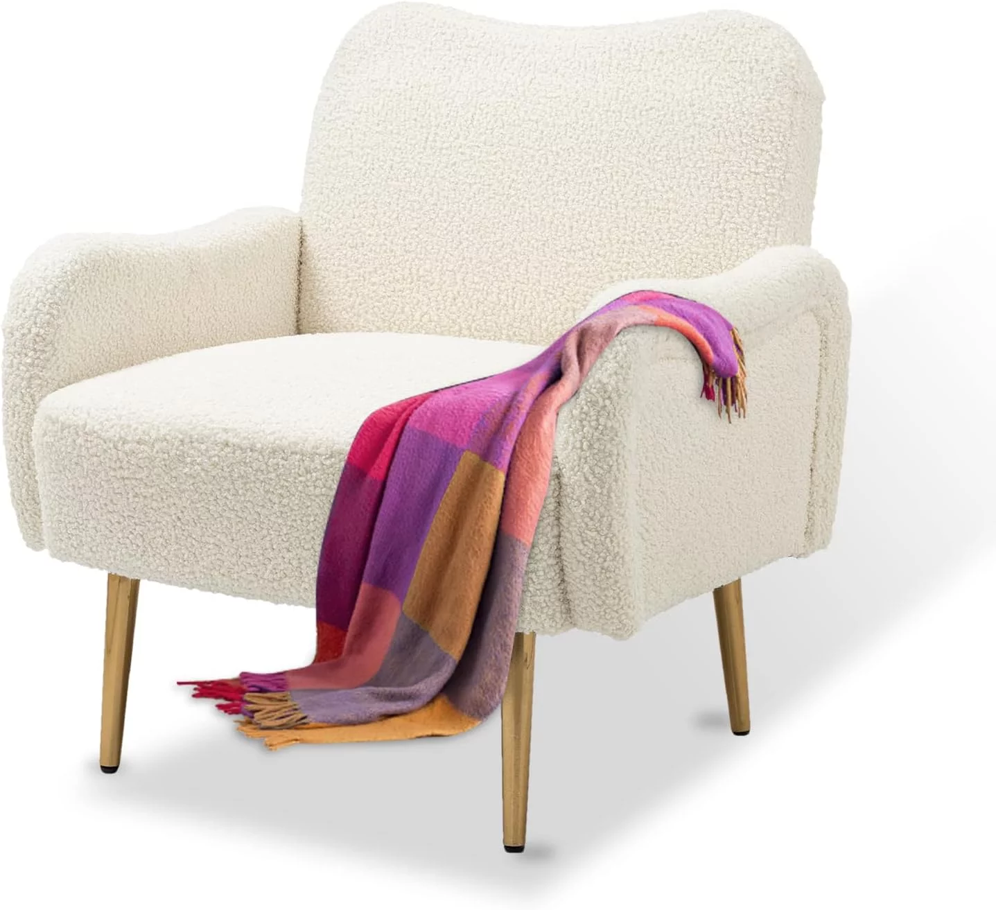 UPYOOE Living Room Chairs Upholstered Velvet Accent Chair Heart Shape Arm Chair with Modern Gold Legs for Bed Room, Reception Room (White Teddy, Single Seat)