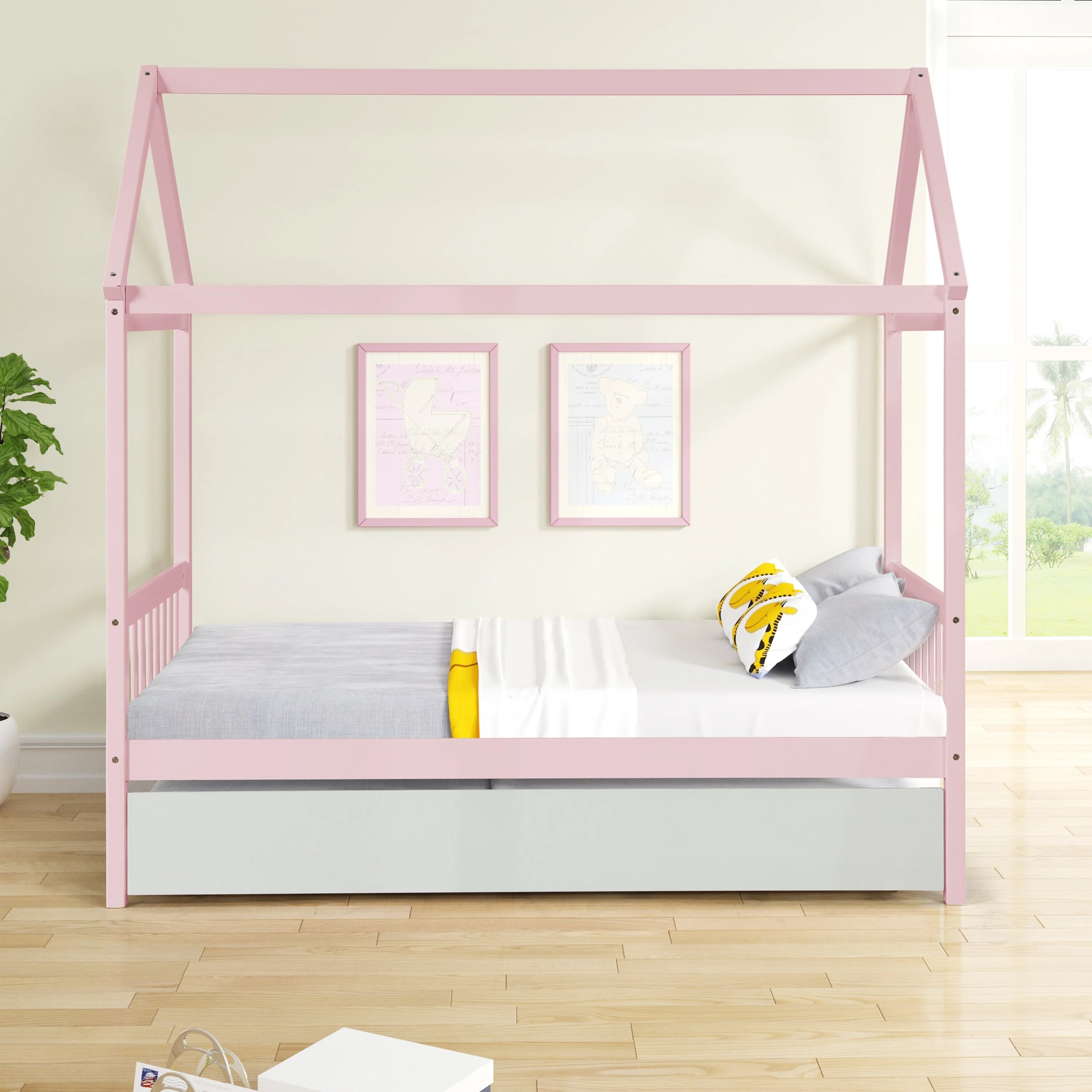 Nestfair Twin Size House Bed with Trundle Pink Twin