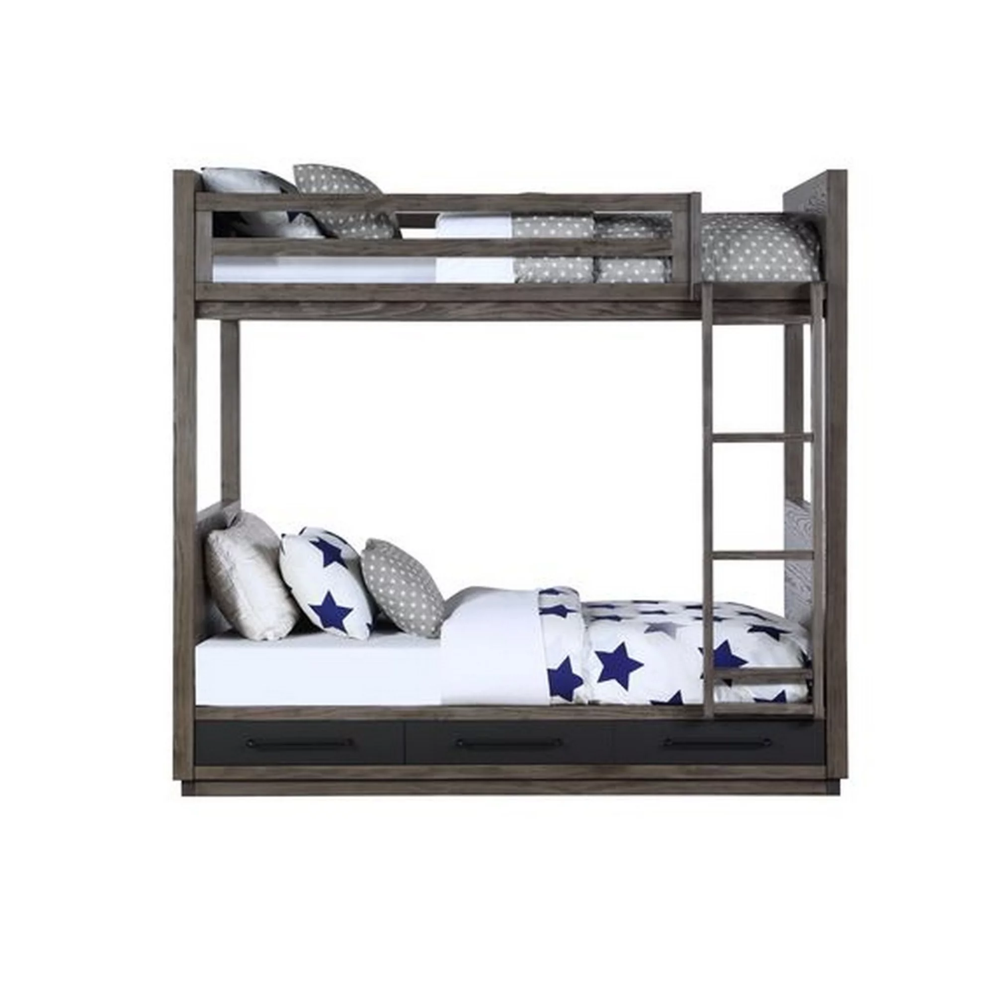 Twin over Twin Bunk with 2 Drawers and Grain Details, Oak Gray