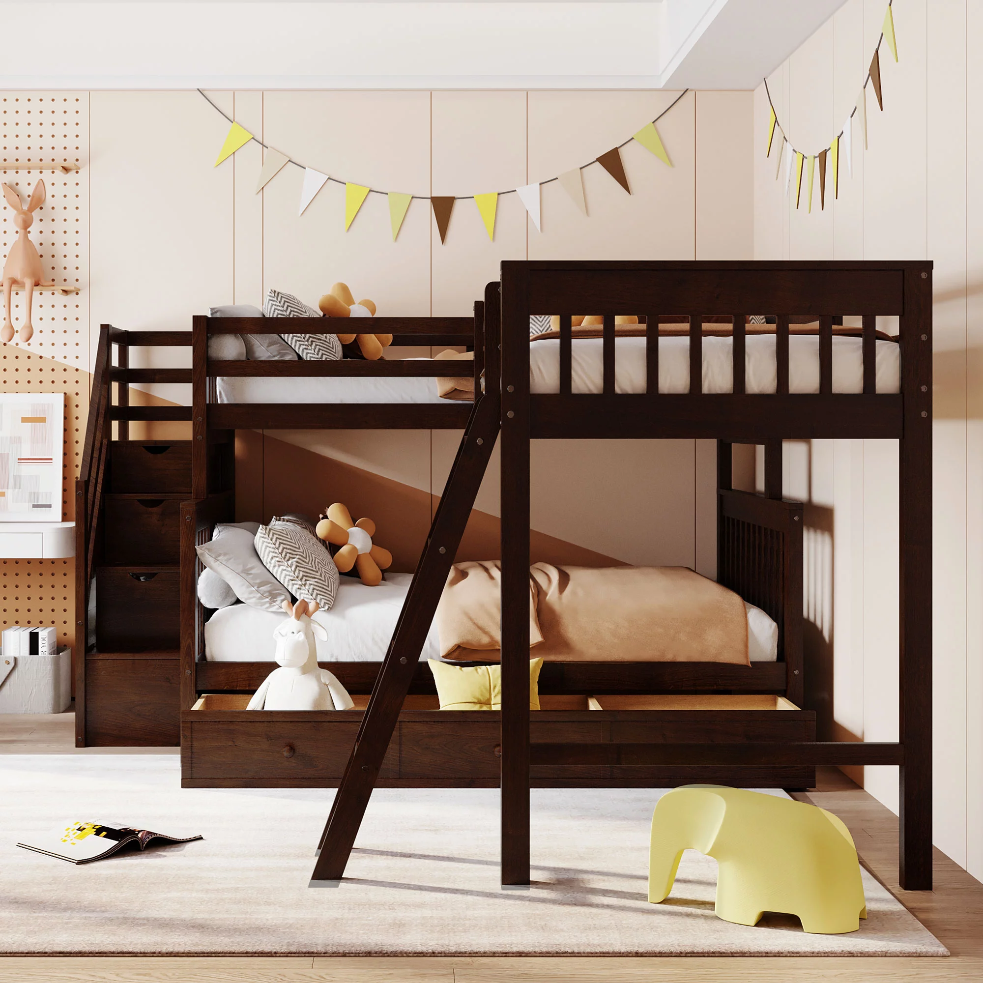 ikayaa Twin over Full L-Shaped Bunk Bed With 3 Drawers, Ladder and Staircase - Espresso