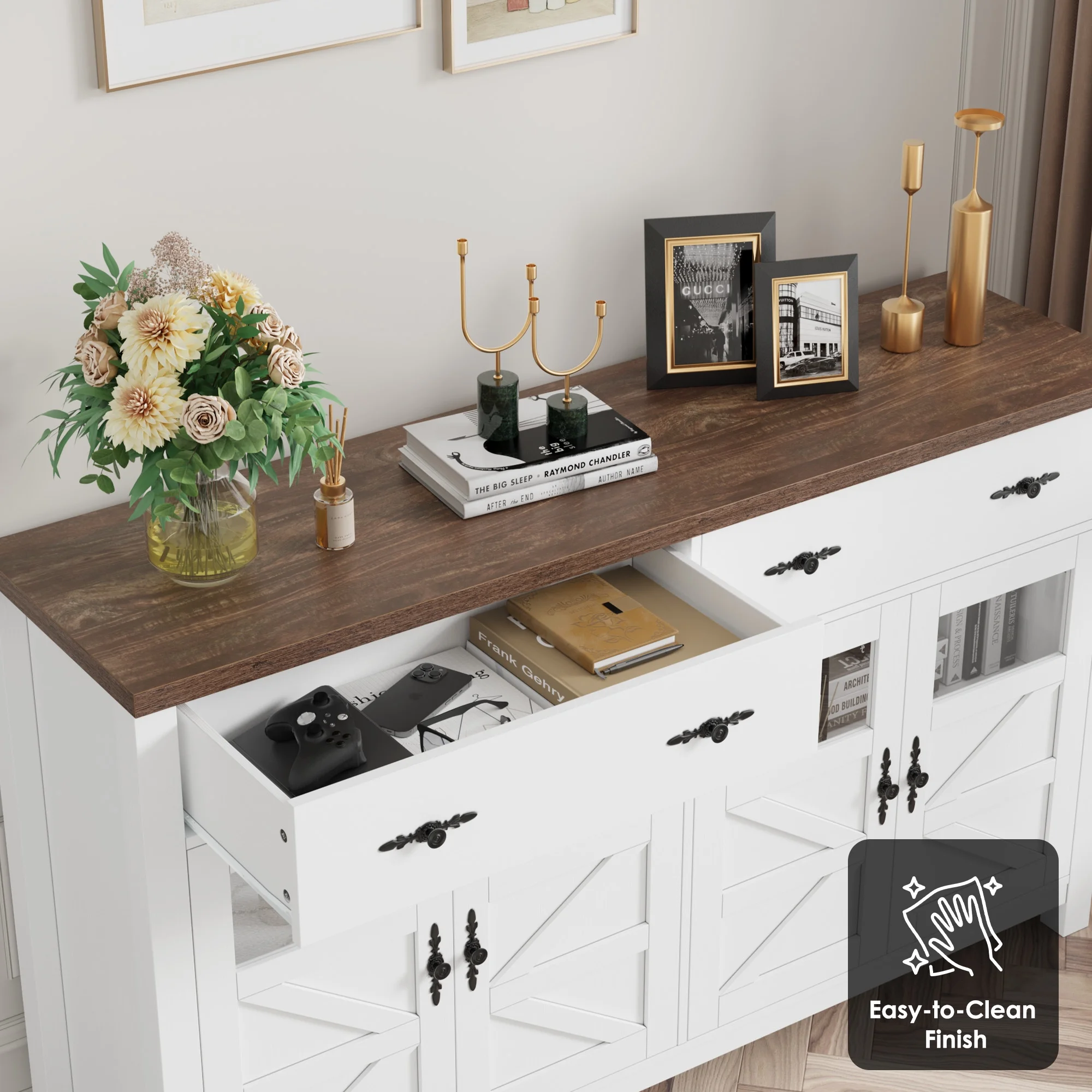 Homfa Farmhouse Kitchen Sideboard Buffet with 2 Drawer, Glass Door Wood Storage Cabinet Credenza with Adjustable Shelves, White