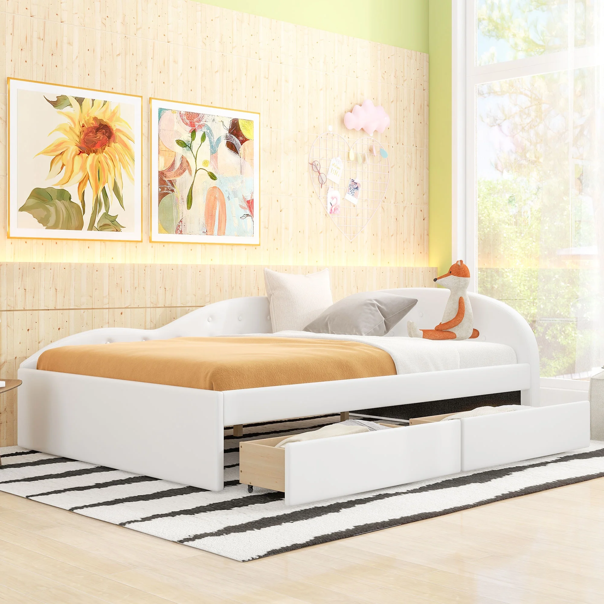 Euroco Full Size PU Upholstery Daybed, Tufted Sofa Bed with 2 Drawers for Kids Room, White