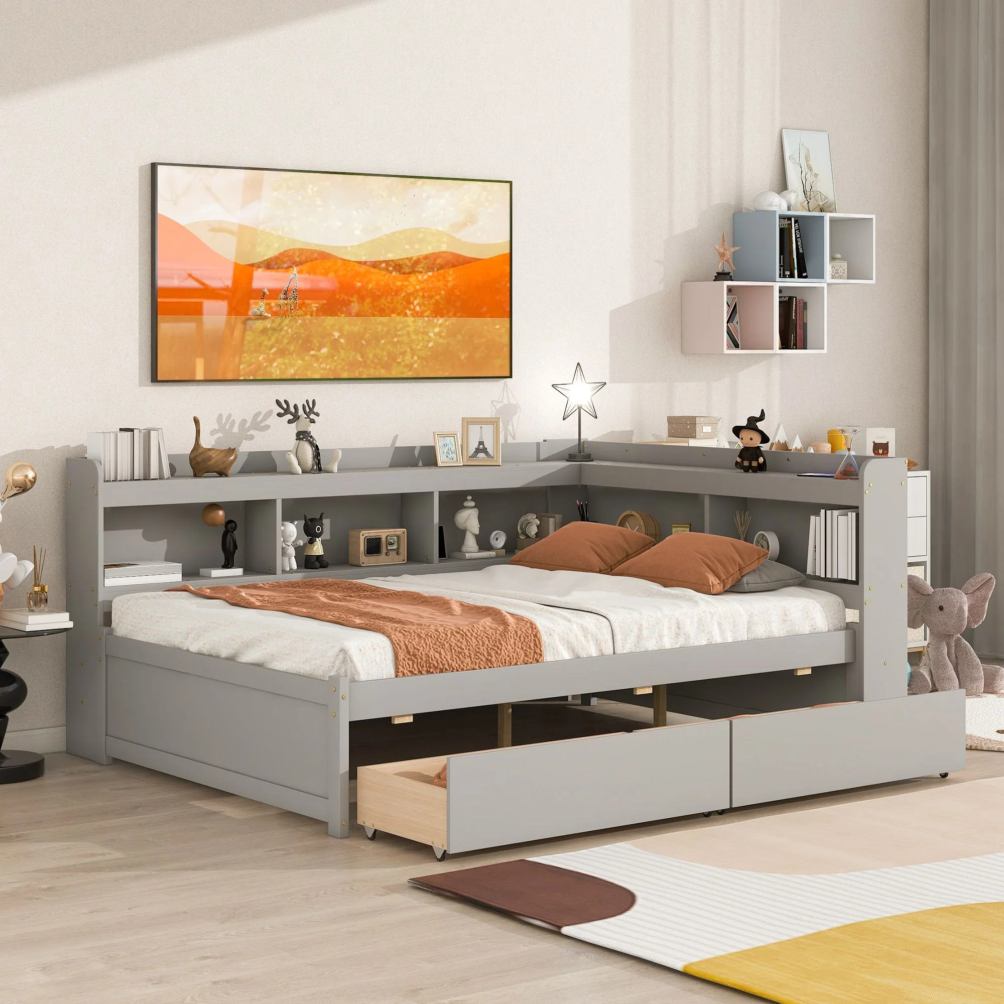 Elegant Design Daybed with L-shaped Bookcases,Drawers, Pine Wood Day Bed with Maximized Space for Living Room/Bedroom, Slats Support Wooden Sofa Bed for Teens Adults