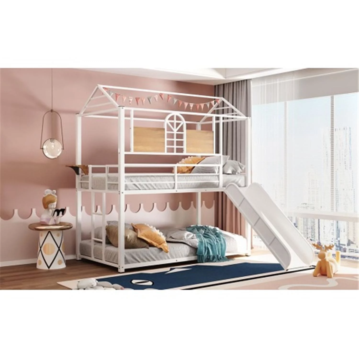 Twin Over Twin Metal Bunk Bed with White Slide, House Bunk Bed with Roof and Guardrails for Kids, Teens, Girls, Boys