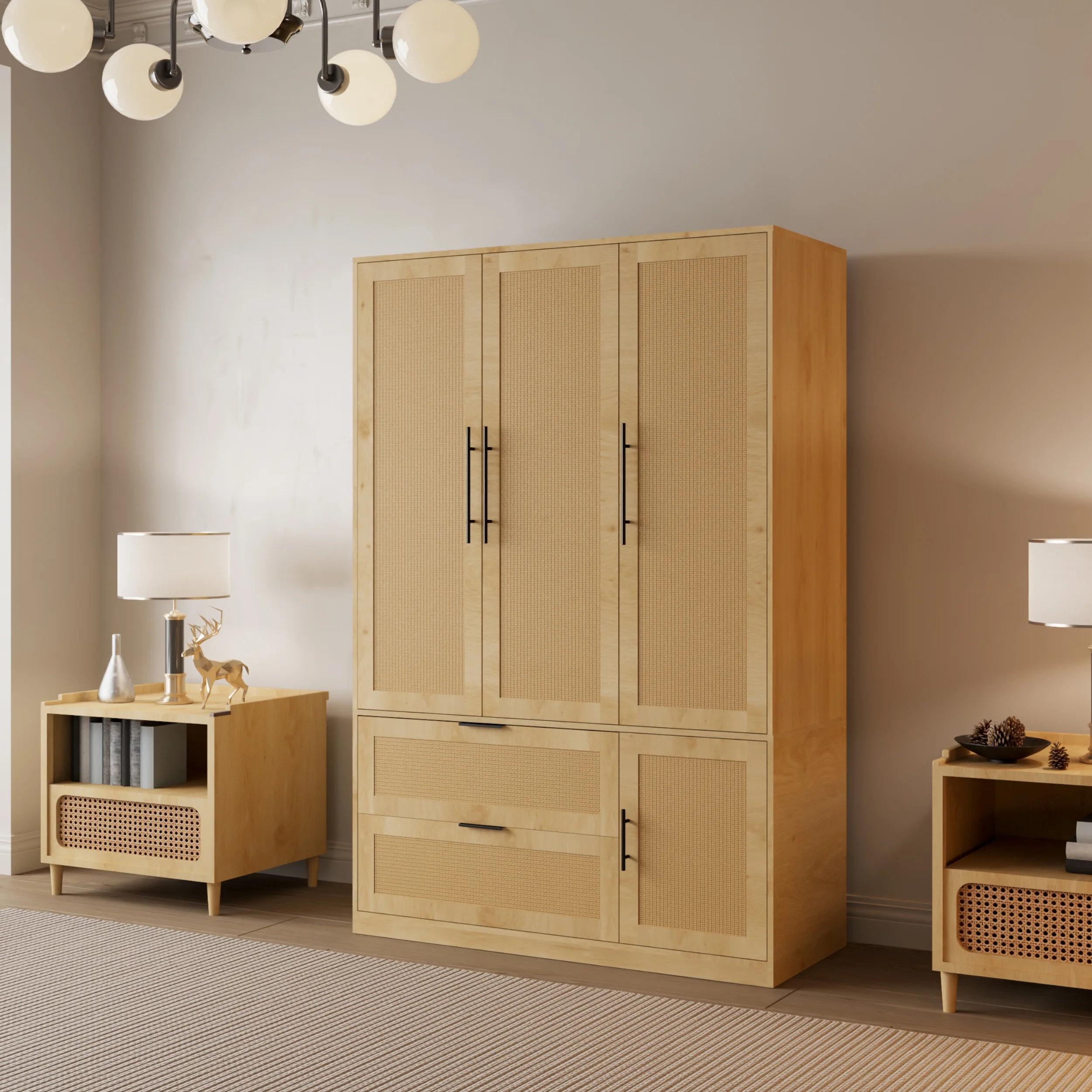 Eclife 4 Barn Doors Mid-Century Wood Bedroom Armoire Wardrobe Closet with Adjustable Shelves and Drawers for Clothes Storage Organization, White