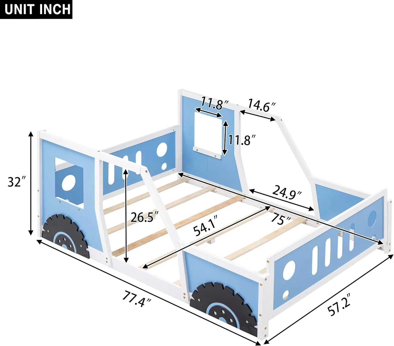 Car Bed Full Size Montessori Floor Bed Frame With Fence And Door, Solid Wood Full Platform Bed For Kids Boys Girls, No Box Spring Needed (Full, Blue), HJHWF306743AAC