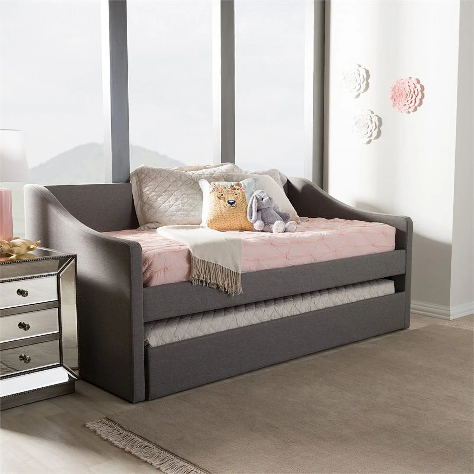 Allora Modern Fabric Upholstered Daybed with Trundle in Gray