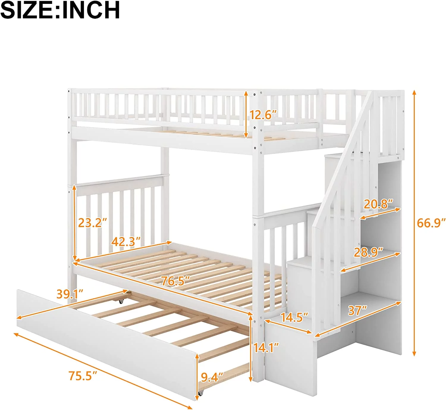 Bunk Beds Over Size, Solid Wood Bunk Beds With Trundle And Stairs For Kids,Toddler,Teens,Adults (White, Bunk Bed With Trundle)
