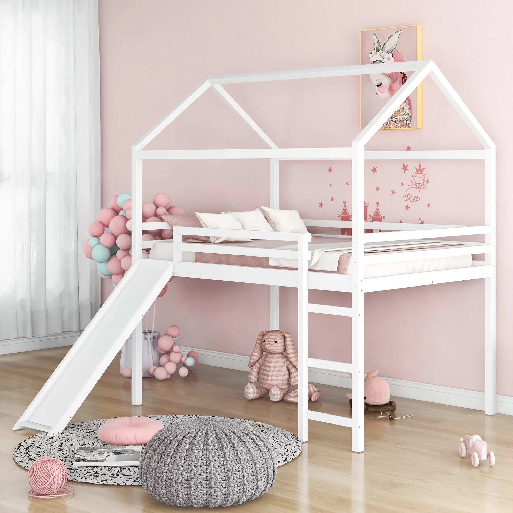 LANTRO JS Full Size Loft Bed with Slide, House Bed with Slide, White(OLD SKU :WF281161AAK)
