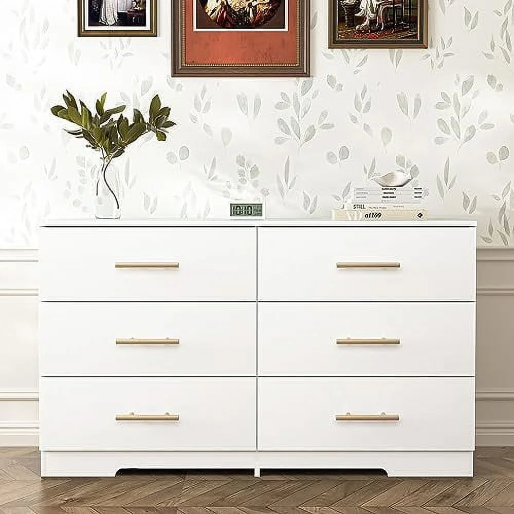 HBBOOMLIFE White Dresser for Bedroom Rattan 6 Drawer Dresser with LED Light & 2 Cubby Modern Wood Chest of Drawers for Kid's Room Nursery
