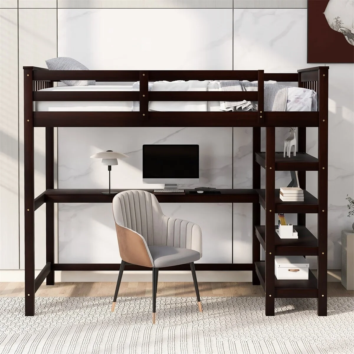 MERAX  Loft Bed with Storage Shelves and Under-bed Desk Espresso Twin