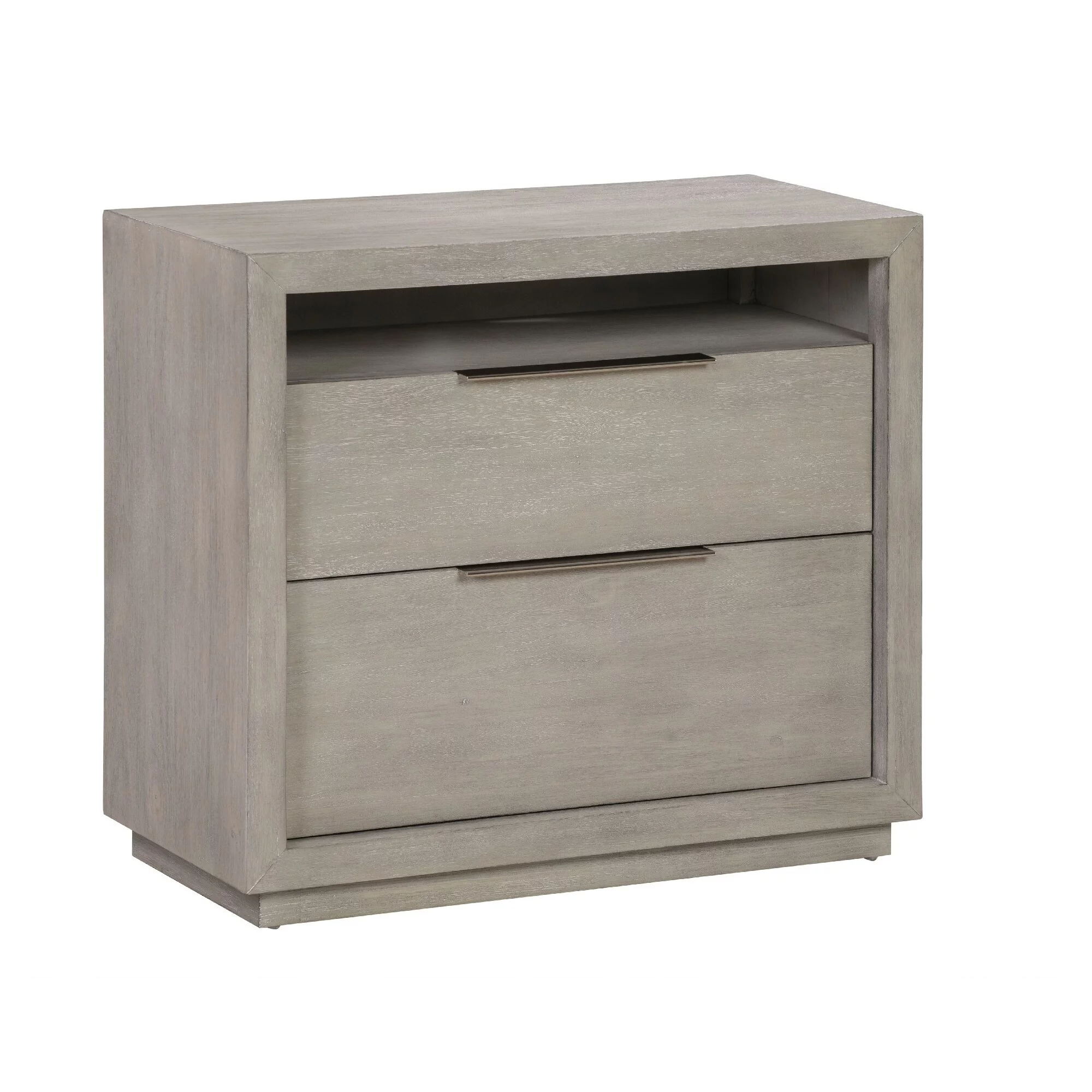 Jose 42 Inch Acacia Wood 2 Drawer Nightstand with Plinth Base, Light Gray